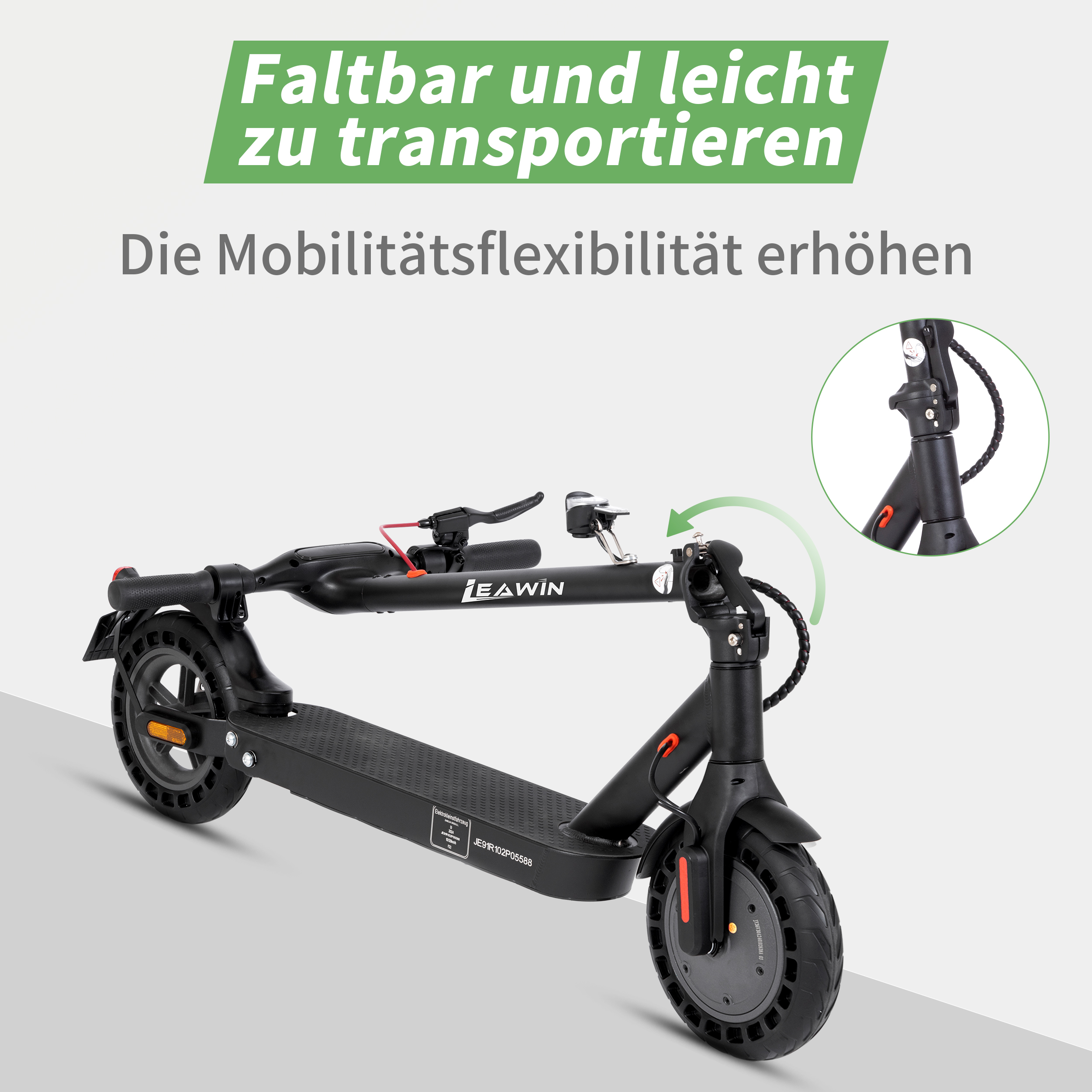 Schwarzer E-Scooter mit klappbarem Lenker, detailliert gezeigt.