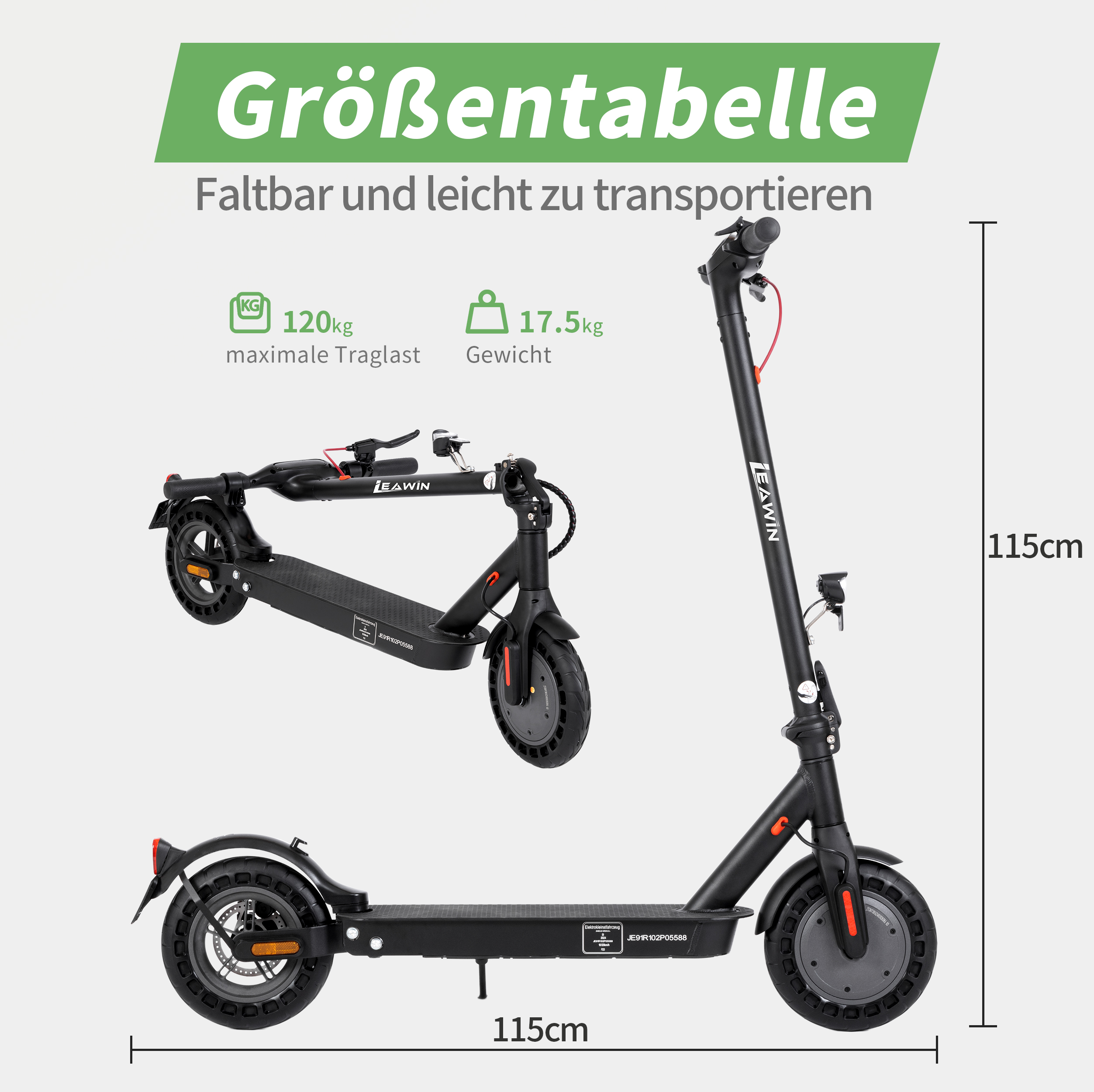 Schwarzer Elektroroller, faltbar, 120kg Traglast, 17.5kg Gewicht, 115cm.