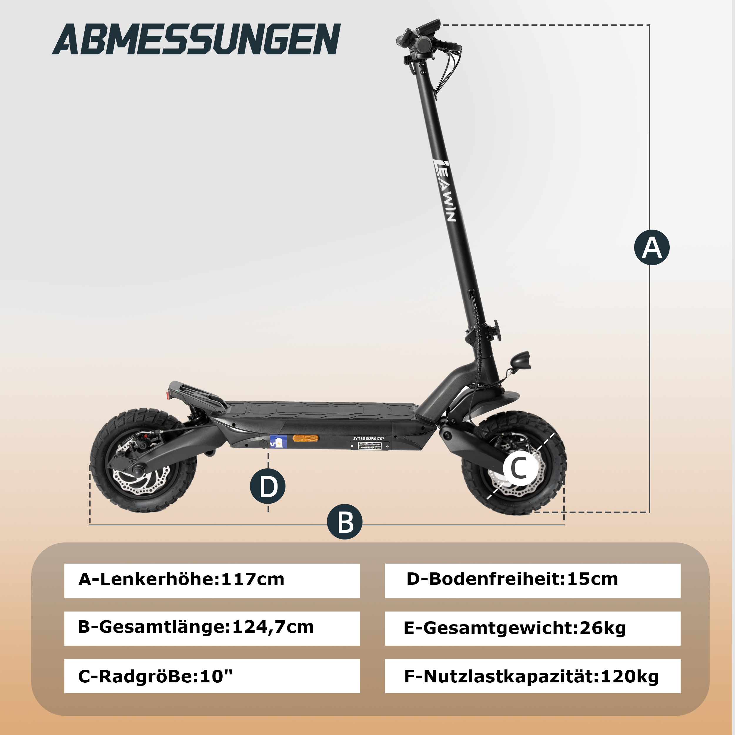 Ein schwarzer Elektroroller mit Maßen und Beschriftungen.