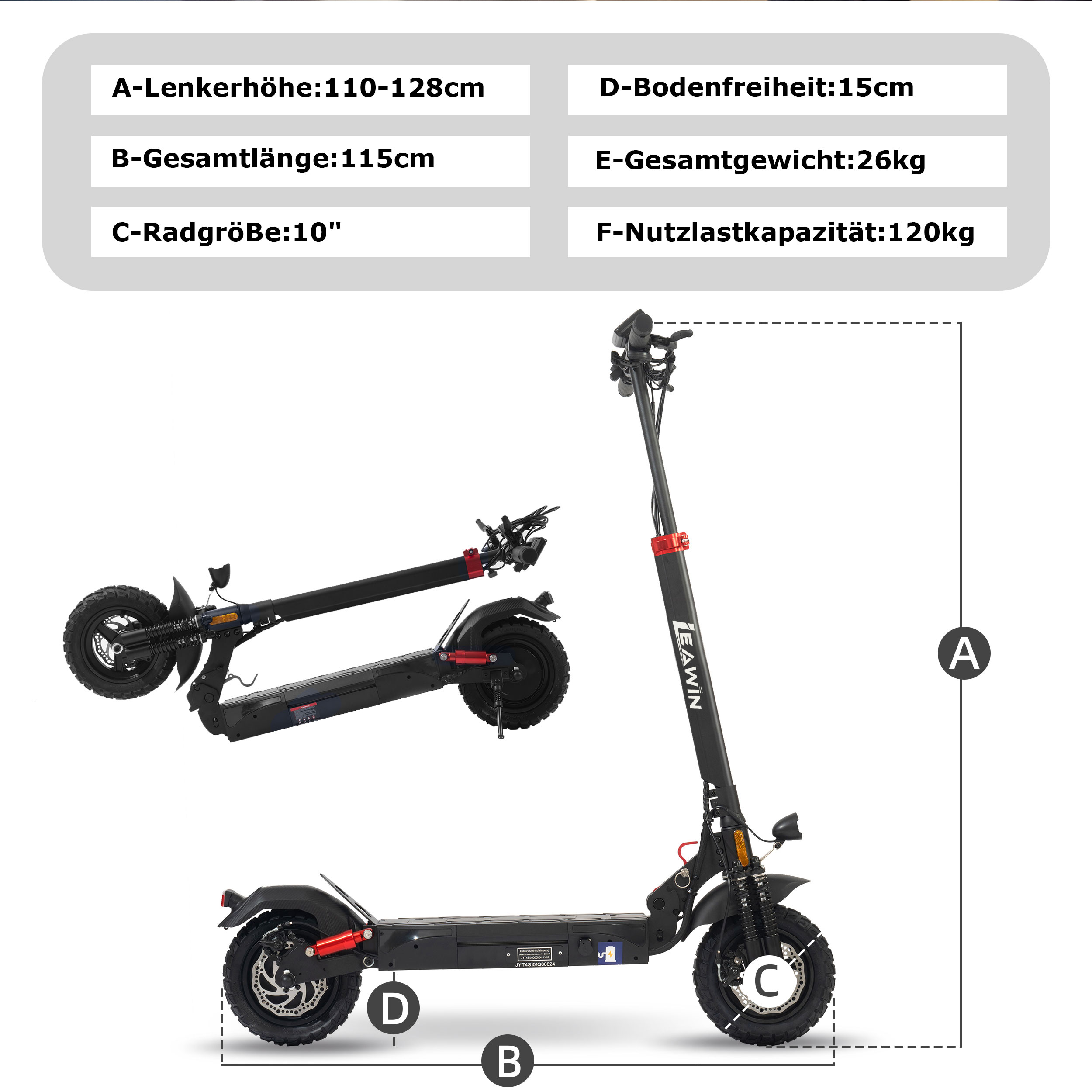 Ein schwarzer E-Scooter mit roten Akzenten, liegend und stehend gezeigt. Spezifikationen sind aufgeführt.