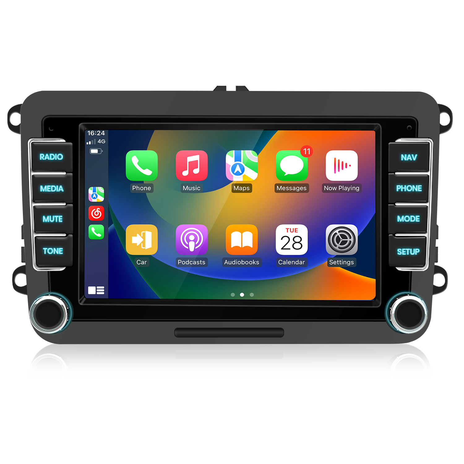 Ein Autoradio-Touchscreen mit App-Symbolen wie Telefon, Musik, Karten, Nachrichten.
