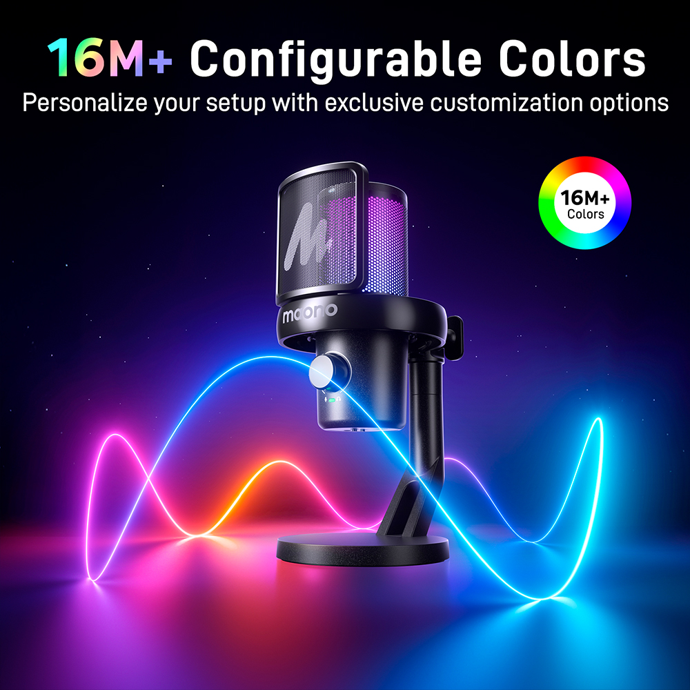 Un microfono nero con illuminazione RGB su sfondo scuro con luci.
