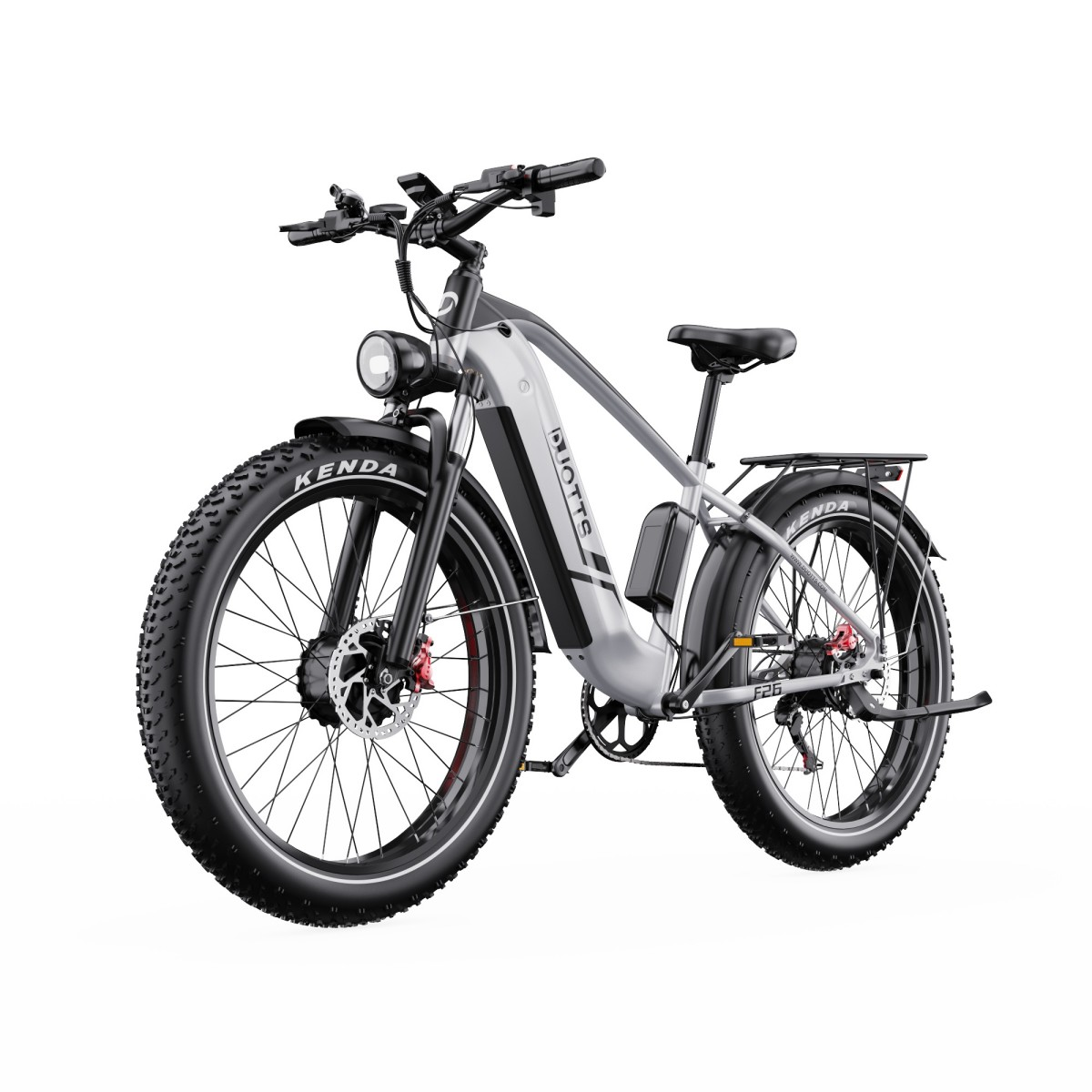 Jasnoszare e-bike z grubymi oponami, czarnym siodełkiem i bagażnikiem.