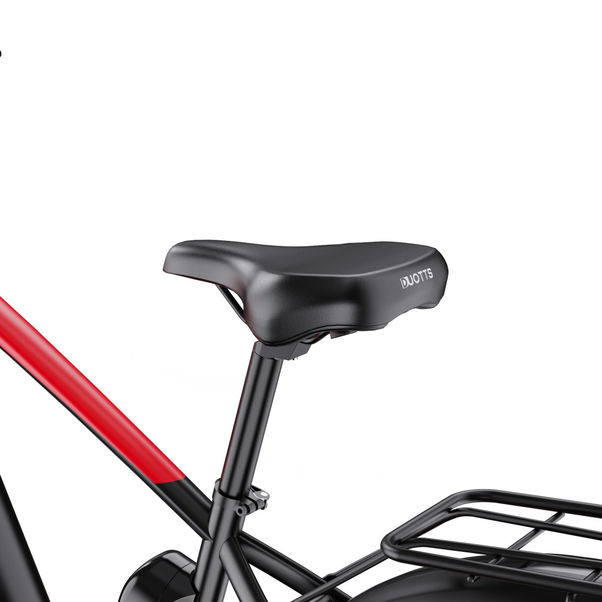 Czarno-czerwone siodełko rowerowe z bagażnikiem.
