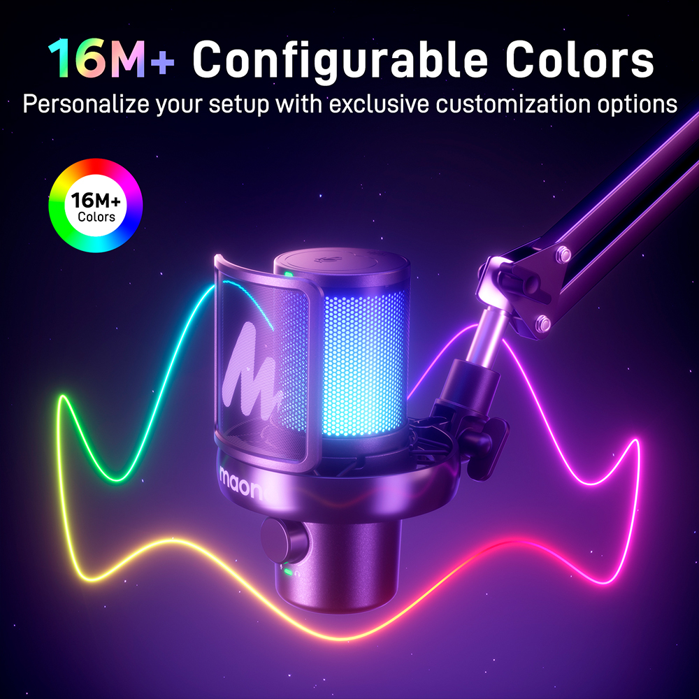 Un microphone avec éclairage LED bleu et traînées lumineuses colorées.