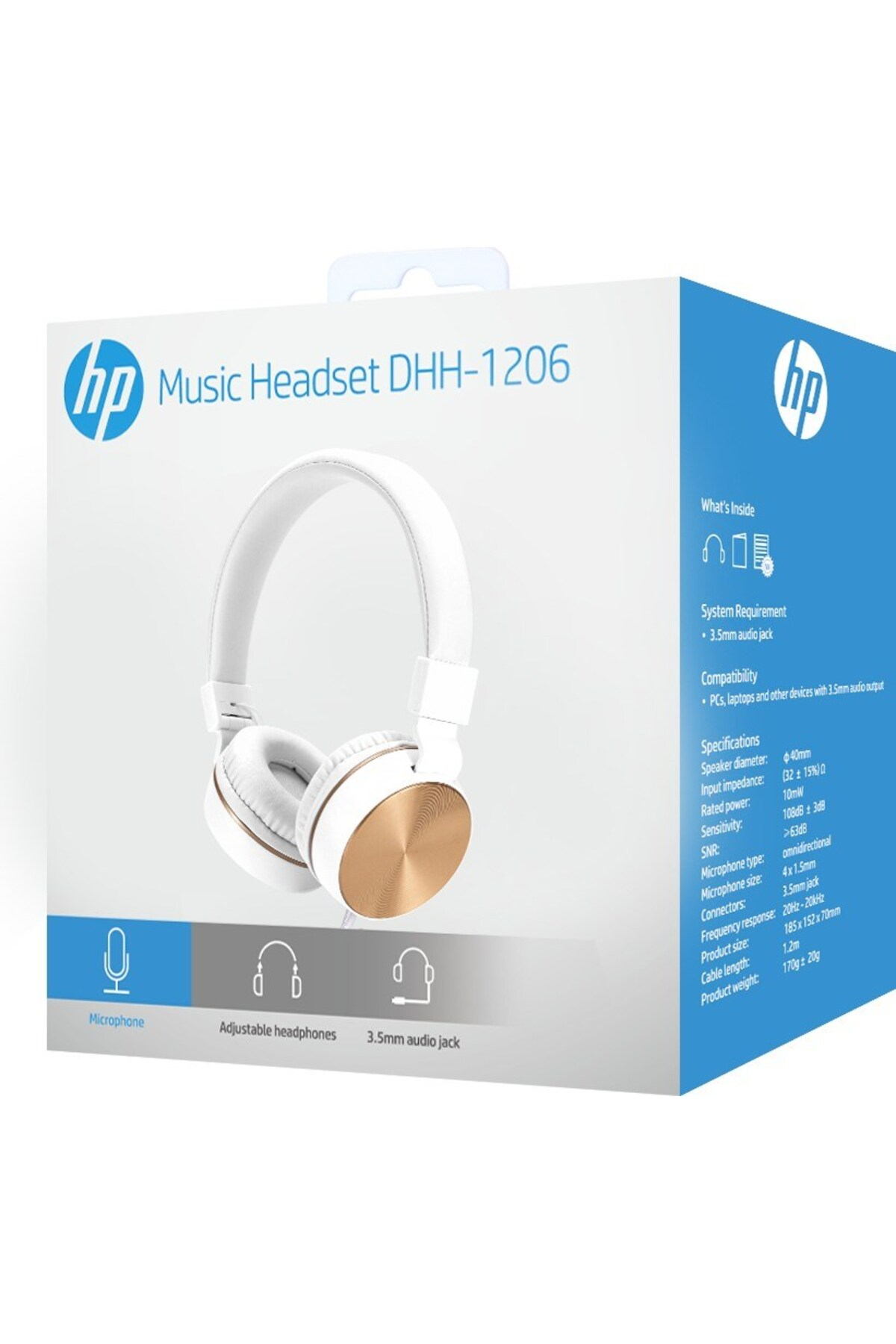 Cuffie musicali HP DHH-1206 bianche con accenti dorati sulla confezione.