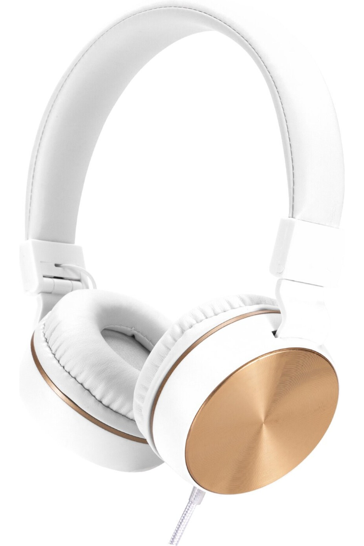Cuffie bianche con accenti dorati su sfondo bianco.