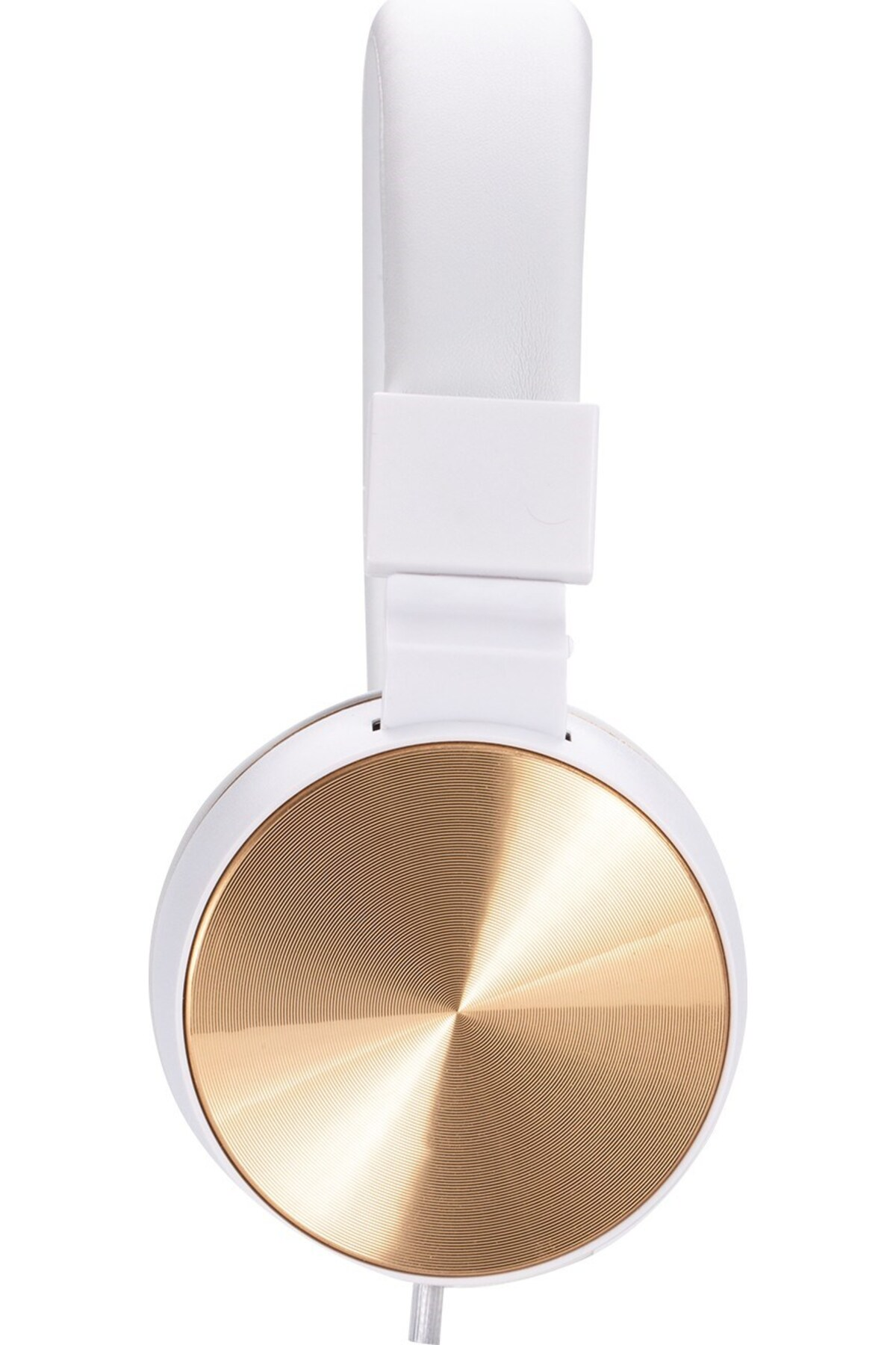 Cuffie bianche con padiglioni auricolari circolari dorati su sfondo bianco.