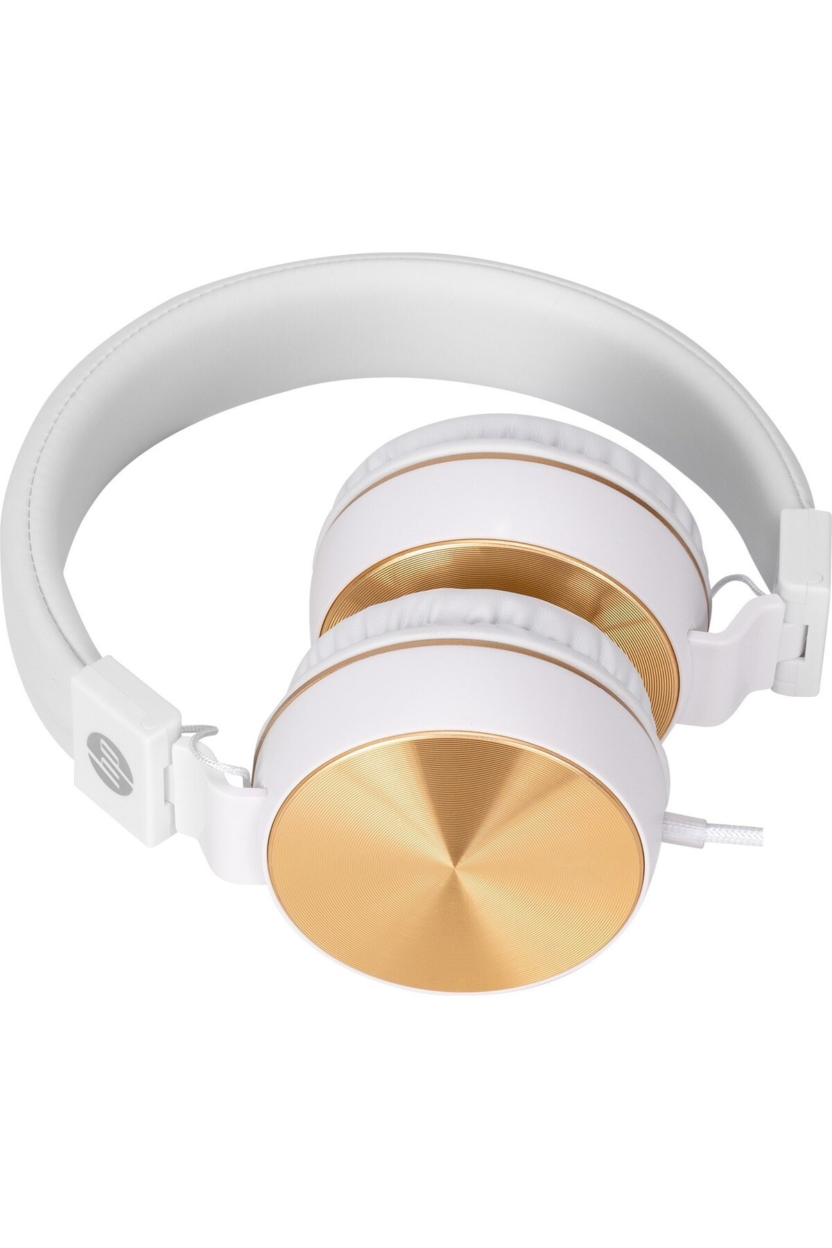 Cuffie bianche con accenti dorati, su sfondo bianco.