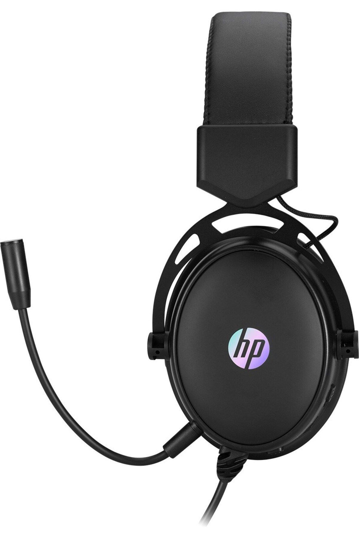 Cuffie gaming HP nere con microfono e logo colorato.