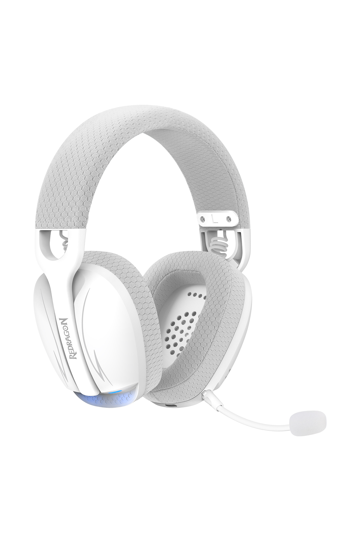 Cuffie bianche con microfono e imbottitura in tessuto grigio, sottili luci blu sotto.
