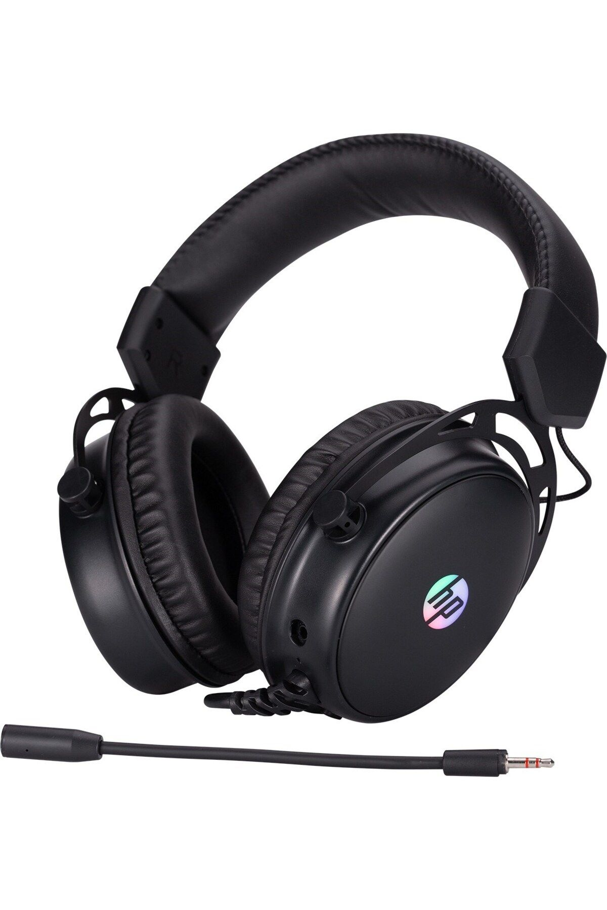 Cuffie gaming nere HP con microfono e logo su sfondo bianco.
