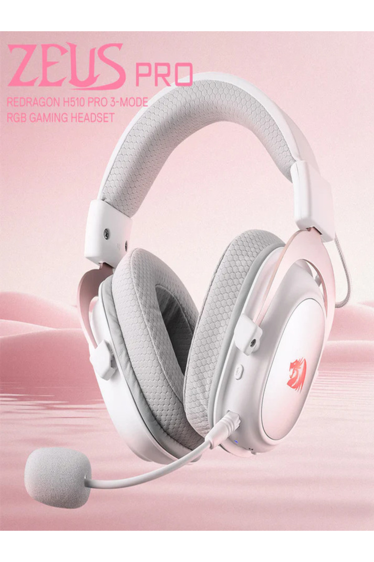 Una cuffia da gaming RGB Redragon H510 PRO 3-Mode bianca con microfono, su uno sfondo rosa tenue.
