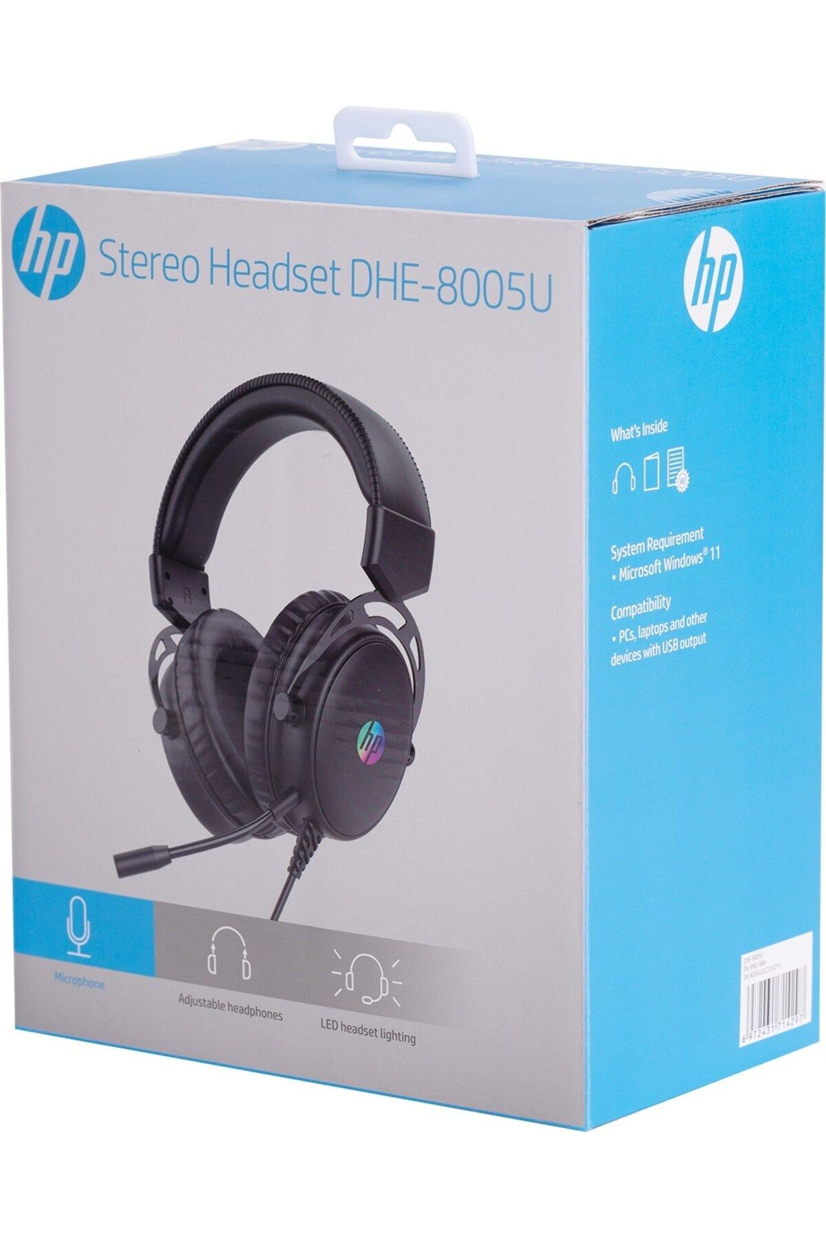 Confezione HP Stereo Headset DHE-8005U con cuffie, microfono e illuminazione a LED.