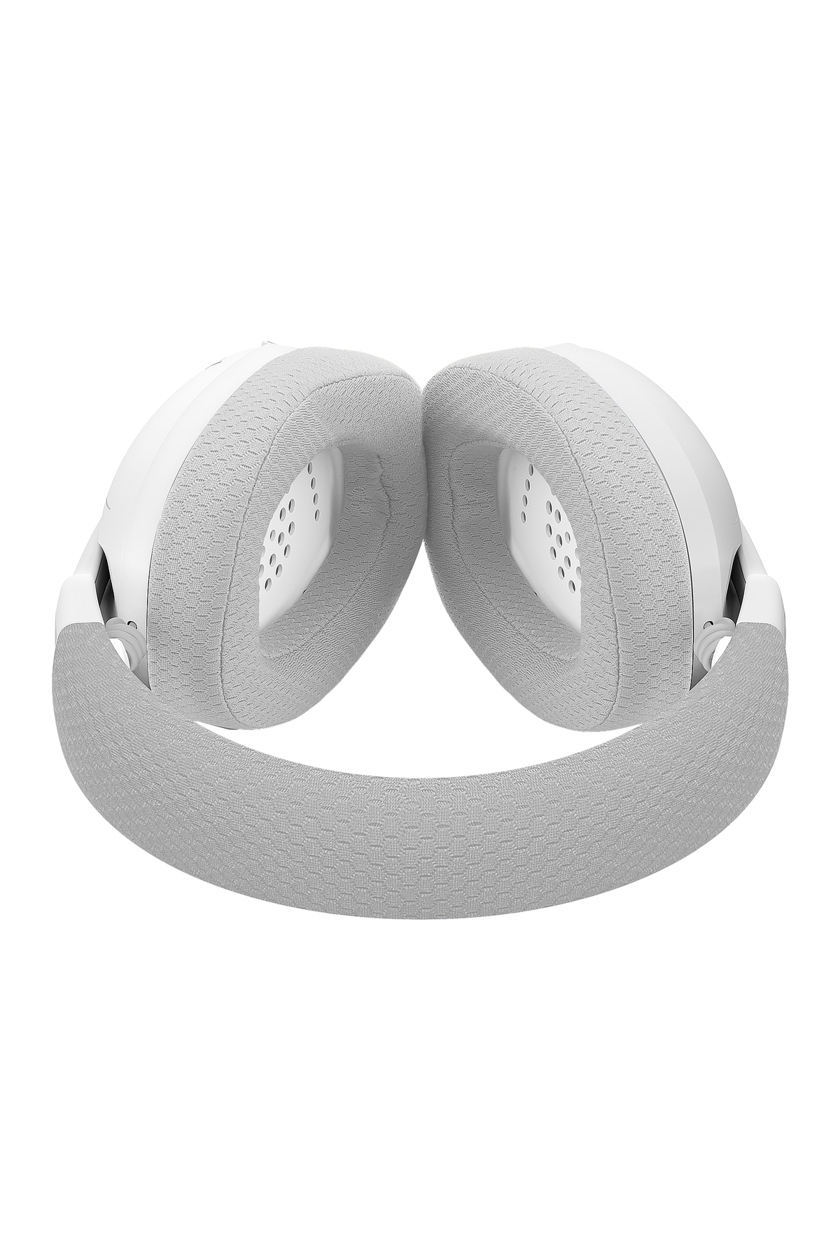 Cuffie bianche con padiglioni e fascia grigi, isolate su sfondo bianco.