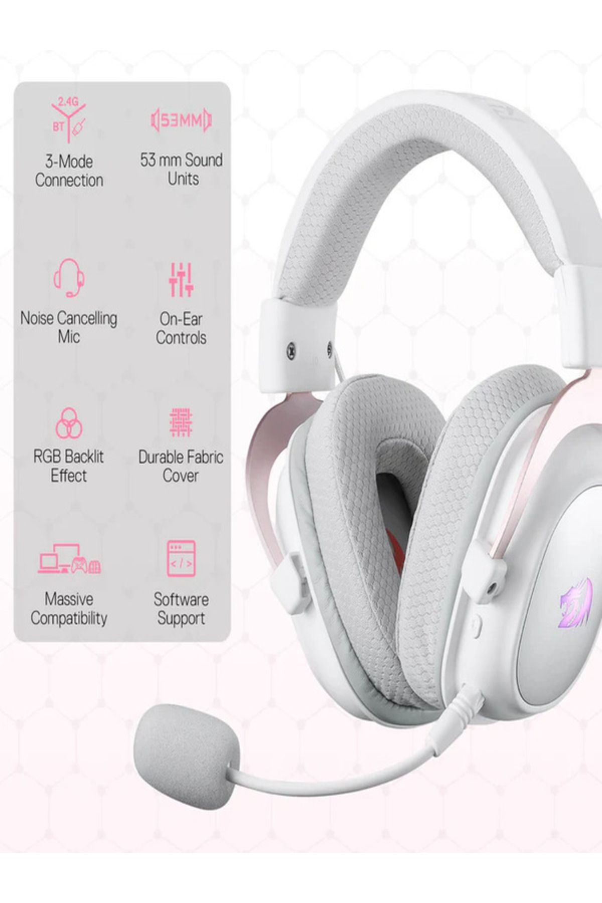 Cuffie gaming bianche con accenti rosa, microfono cancellazione rumore ed effetto retroilluminato RGB.