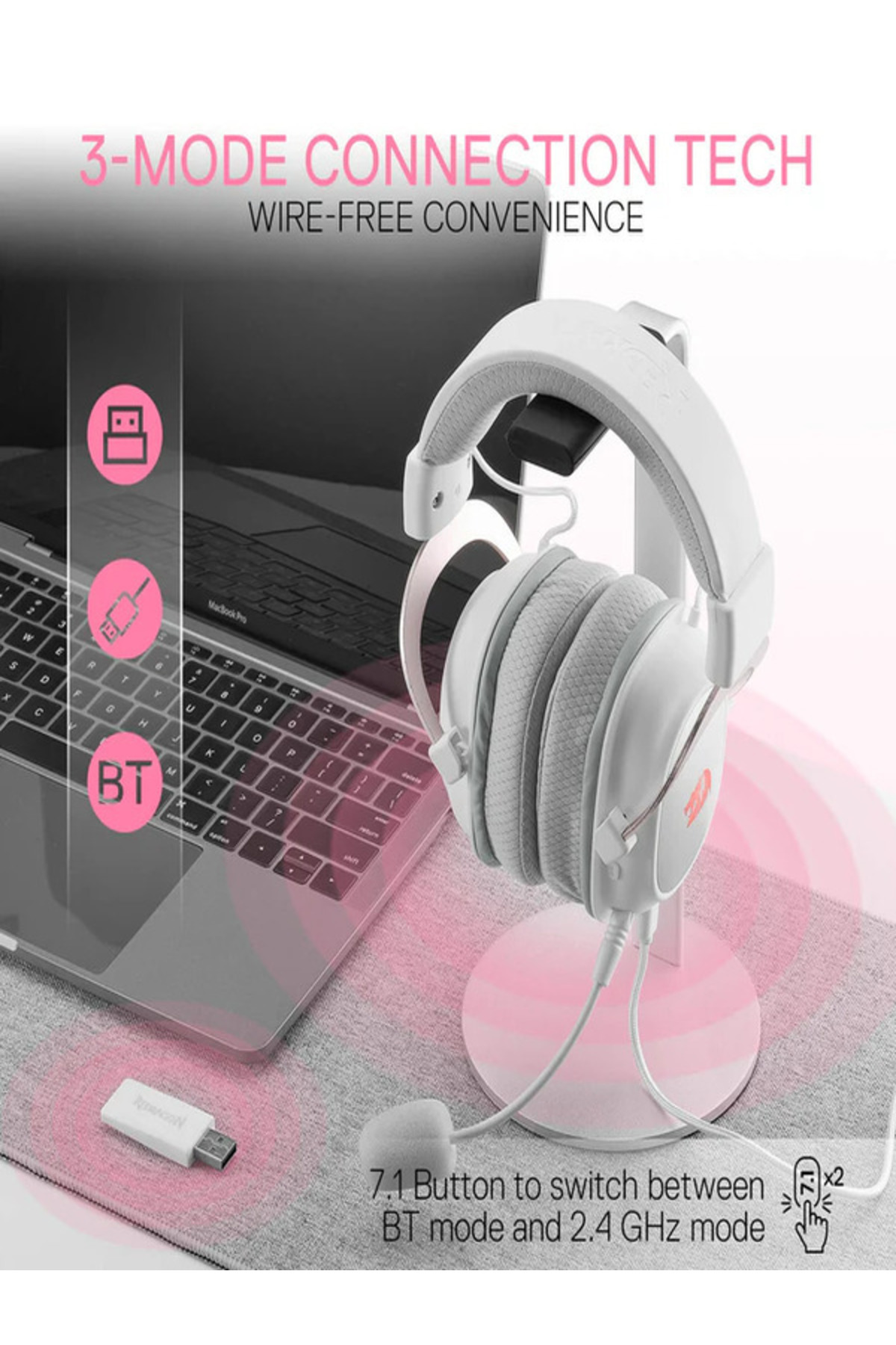 Cuffie bianche con microfono accanto a un laptop, con icone modalità connessione.