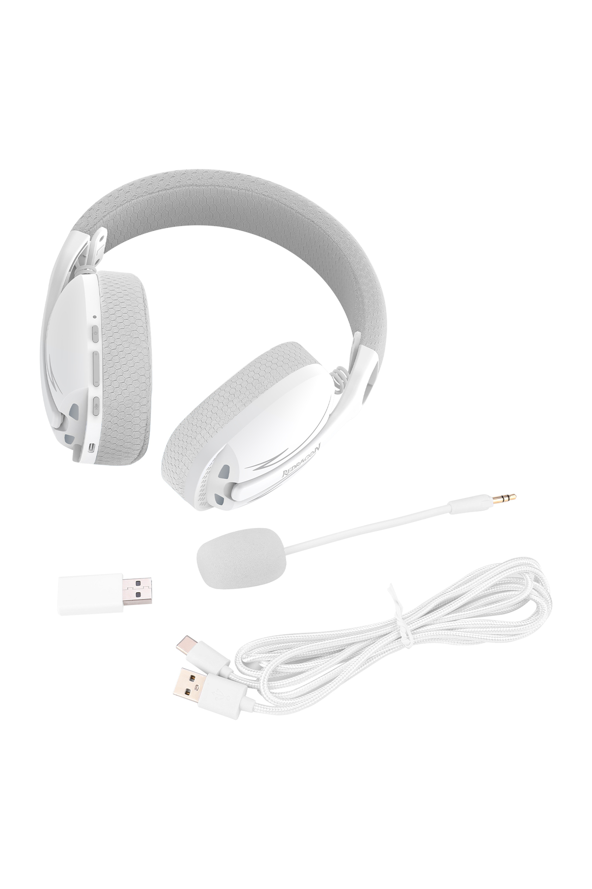Cuffie bianche con archetto grigio, microfono, dongle USB e cavo.