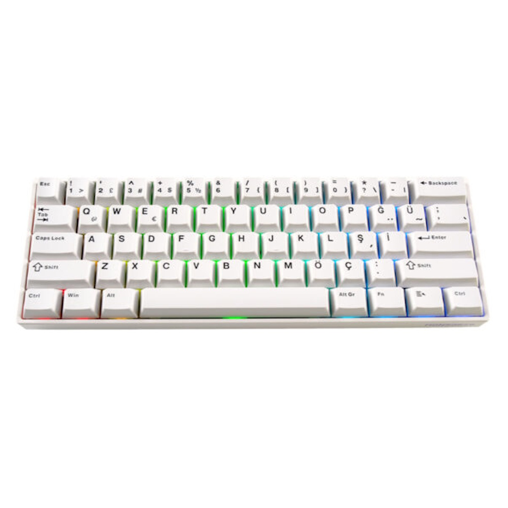 Tuşların altında RGB aydınlatmalı beyaz mekanik klavye.