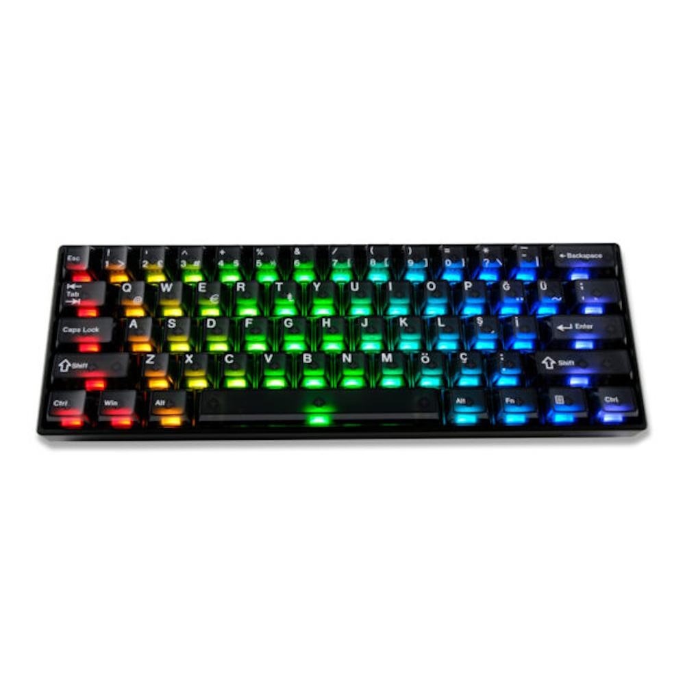 Soldan sağa kırmızıdan yeşile ve maviye doğru solan renkli RGB arka aydınlatmalı siyah bir klavye.