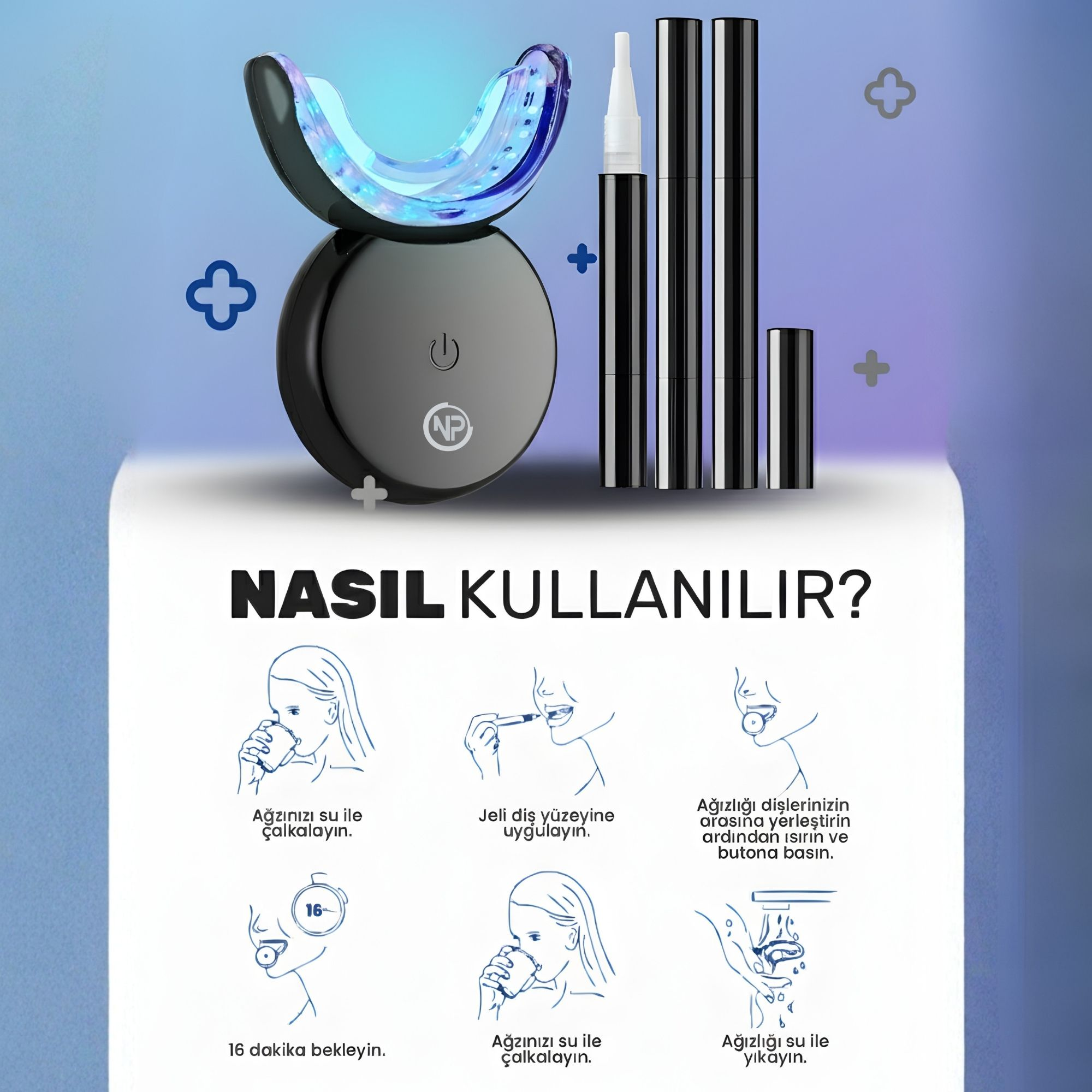 Kalemler ve kullanım çizimleri ile mavi LED diş beyazlatma cihazı.