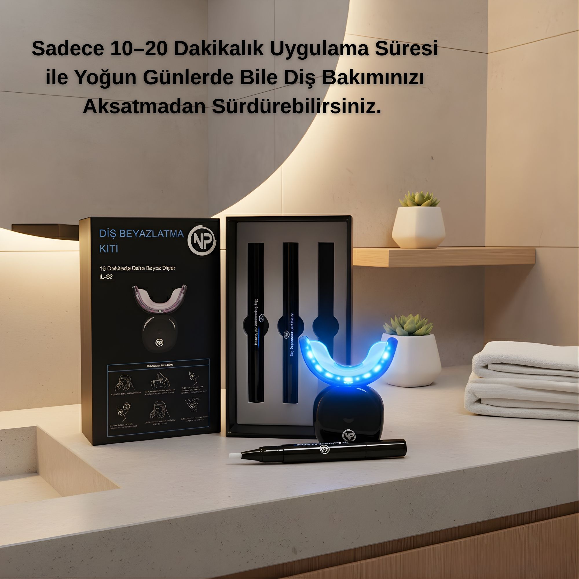 LED ağızlık, aplikatörler ve kalem içeren diş beyazlatma kiti tezgahta.