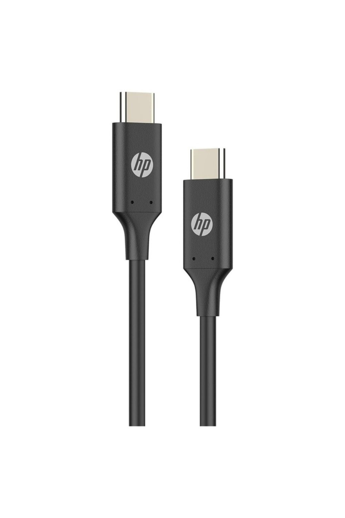 Beyaz arka plan üzerinde gümüş konektörlü iki siyah HP USB-C kablosu.