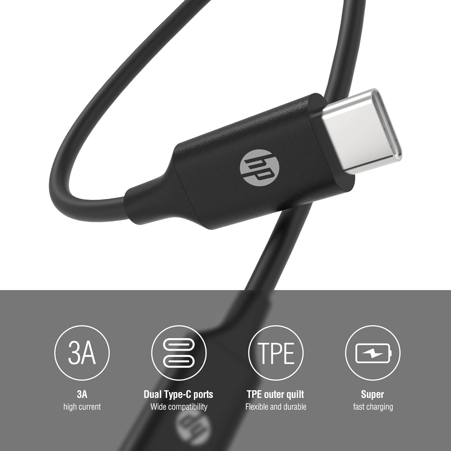Gümüş konnektörlü siyah HP USB-C kablosu, 3A, Çift Type-C port.