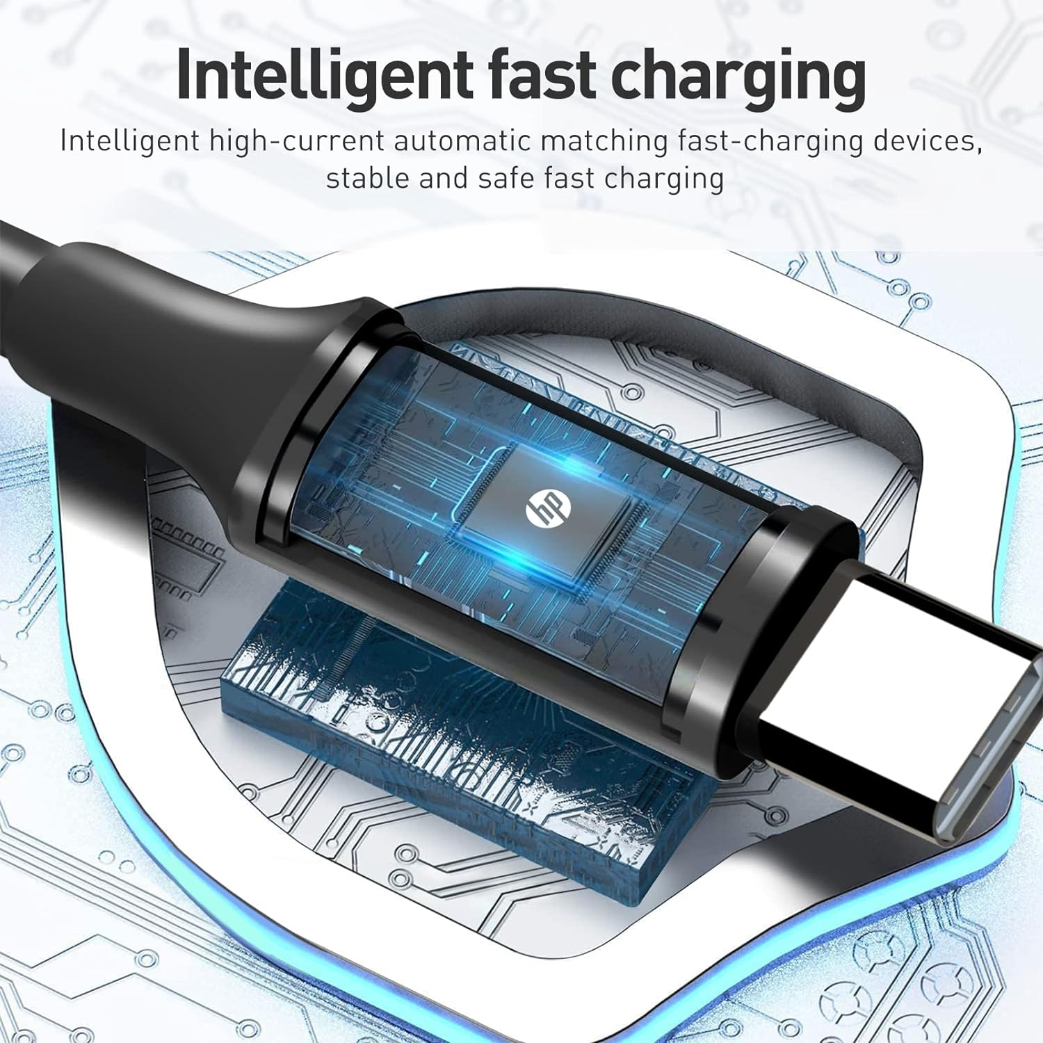 Dahili devre kartını ve çipi gösteren USB-C şarj kablosunun yakın çekimi.