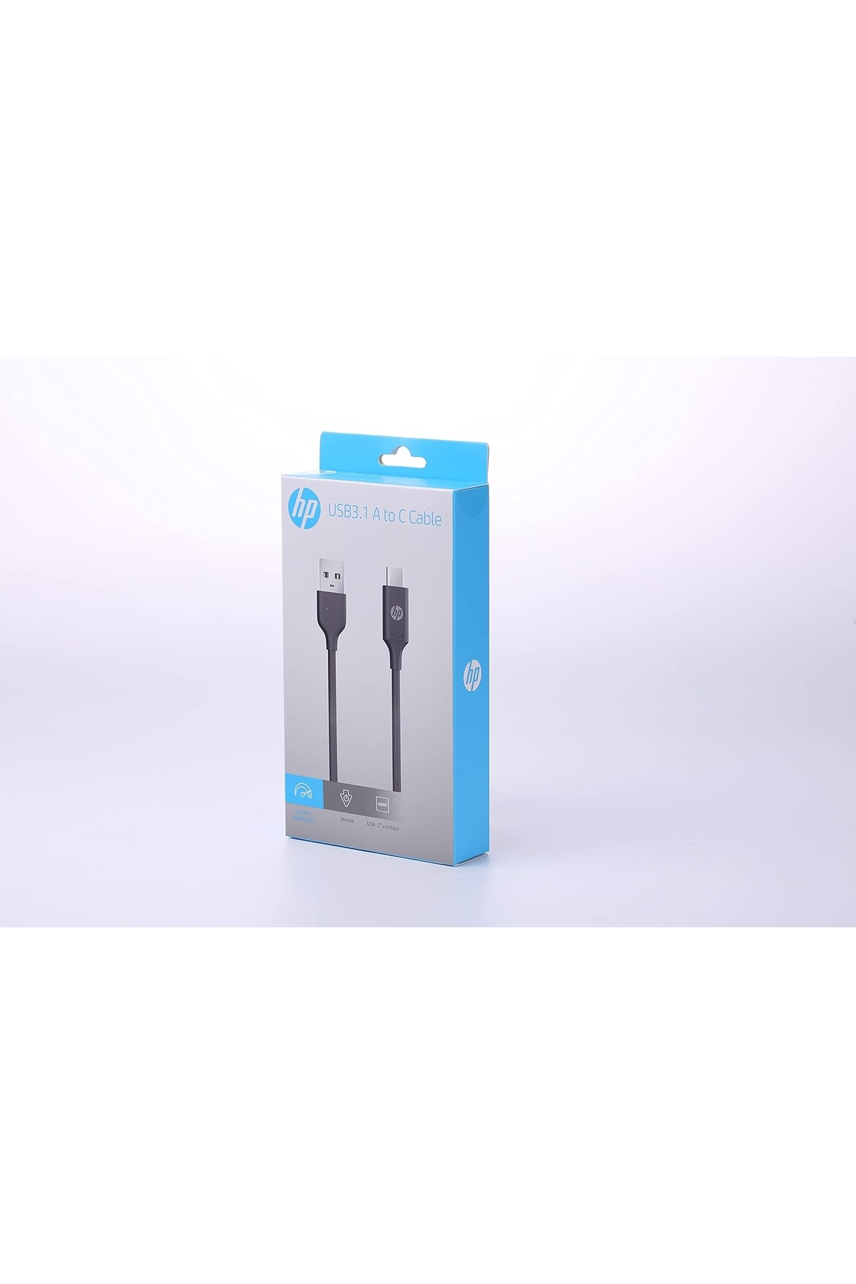 Beyaz ve mavi HP USB 3.1 A'dan C'ye kablo kutusu beyaz bir yüzeyde açılı duruyor, ürünü sergiliyor.