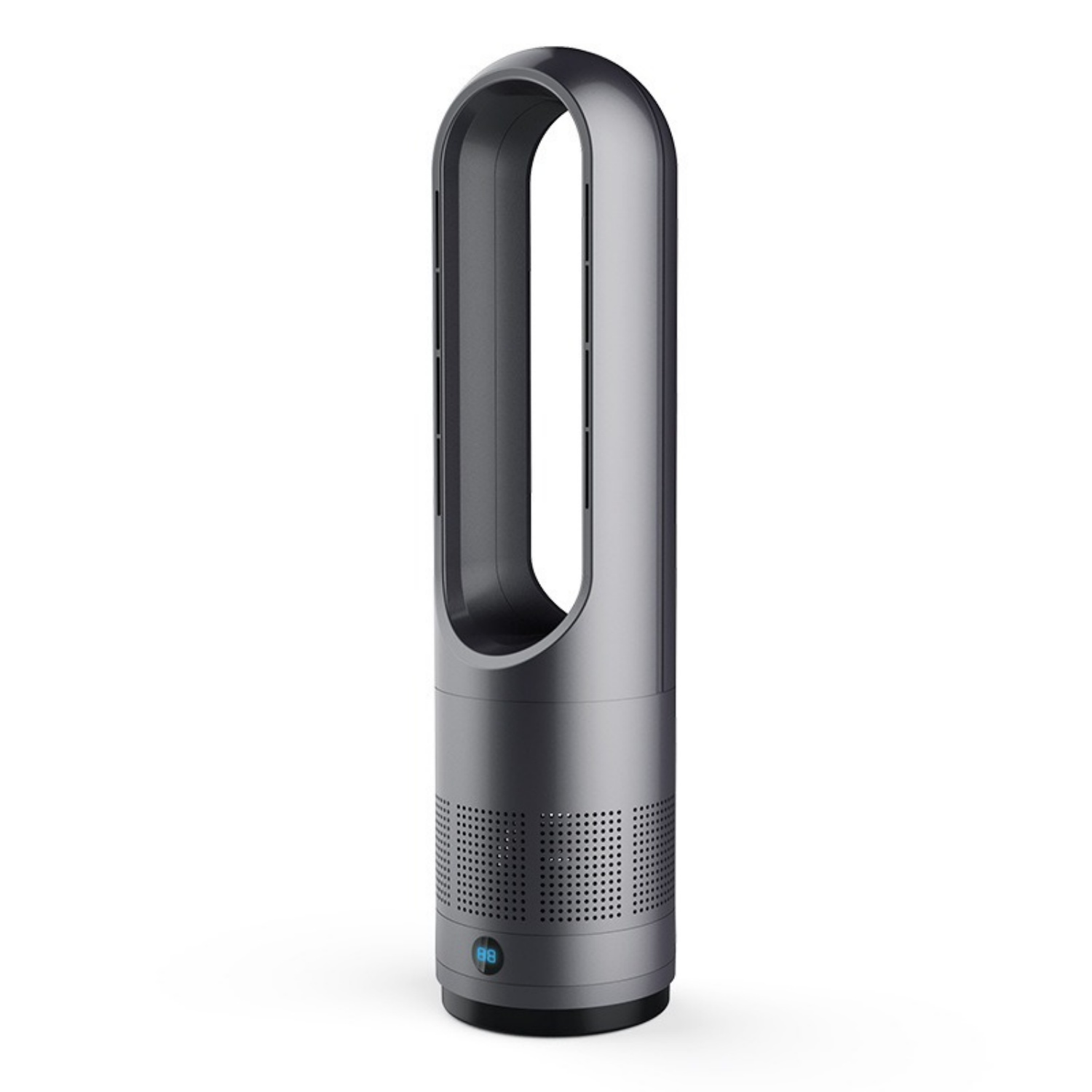 Ein schlanker, grauer Turmventilator mit einem ovalen Ausschnitt und einem digitalen Display.