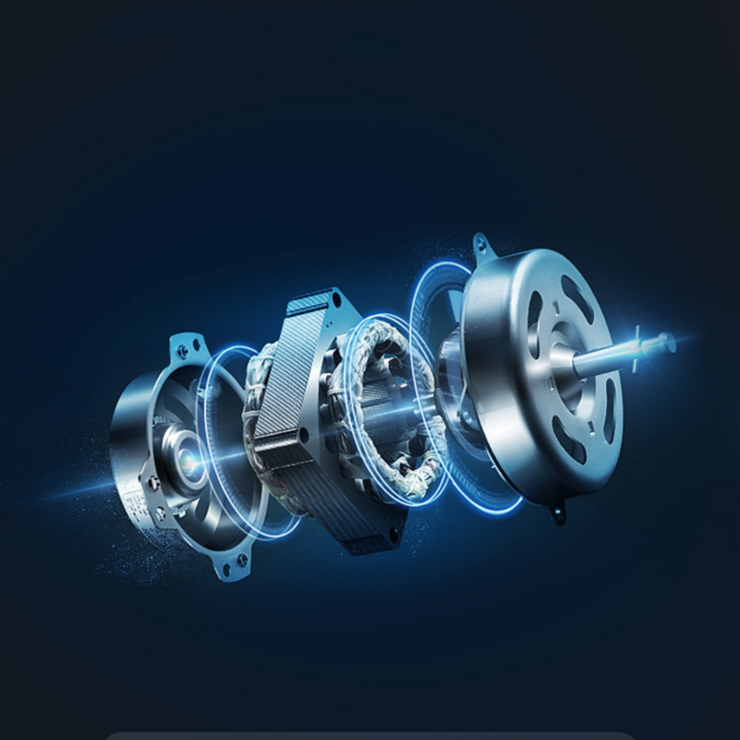 Explodierte Ansicht eines silbernen Motors mit blauen leuchtenden Ringen auf dunklem Hintergrund.