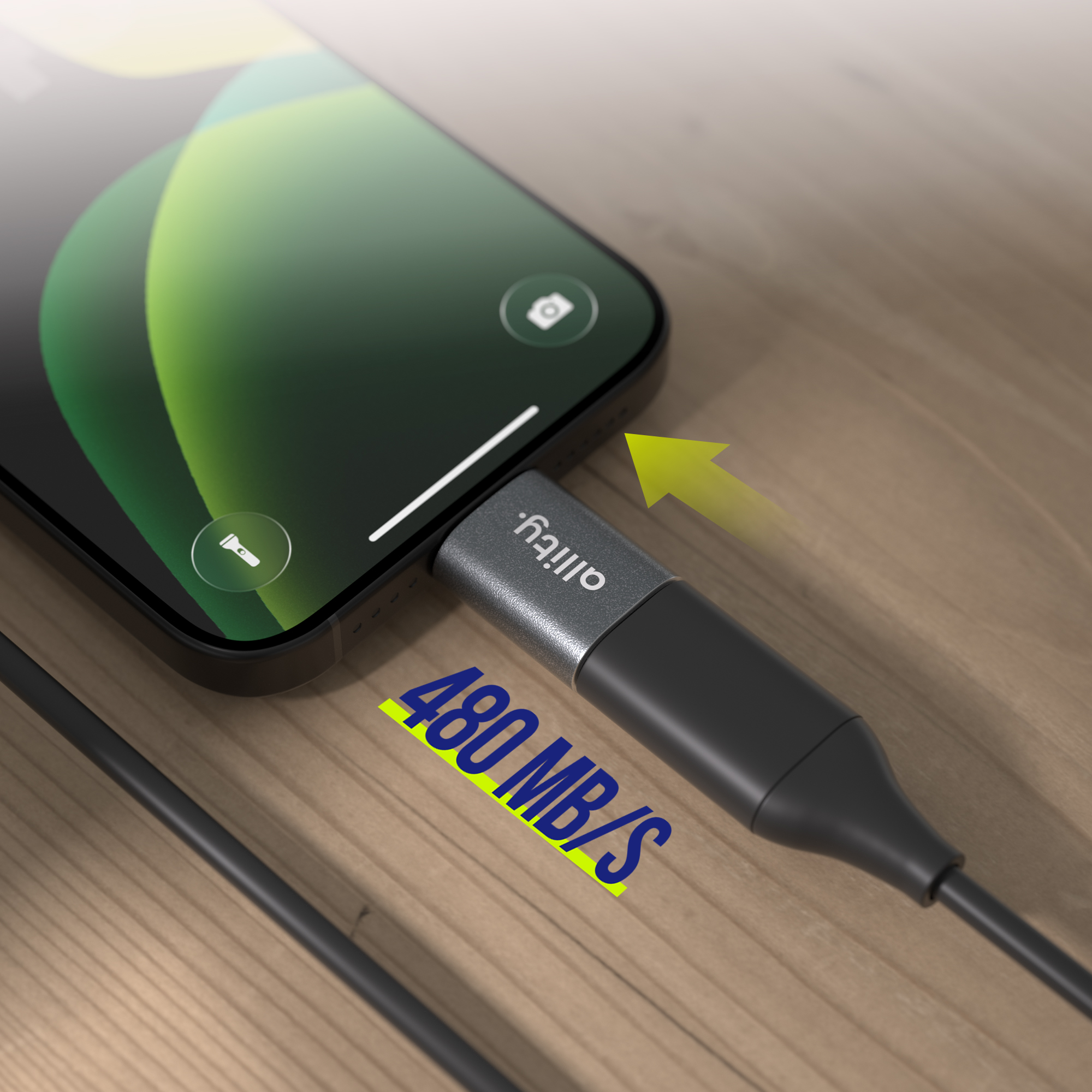 Kabel ładujący podłączony do smartfona. 480 MB/s.