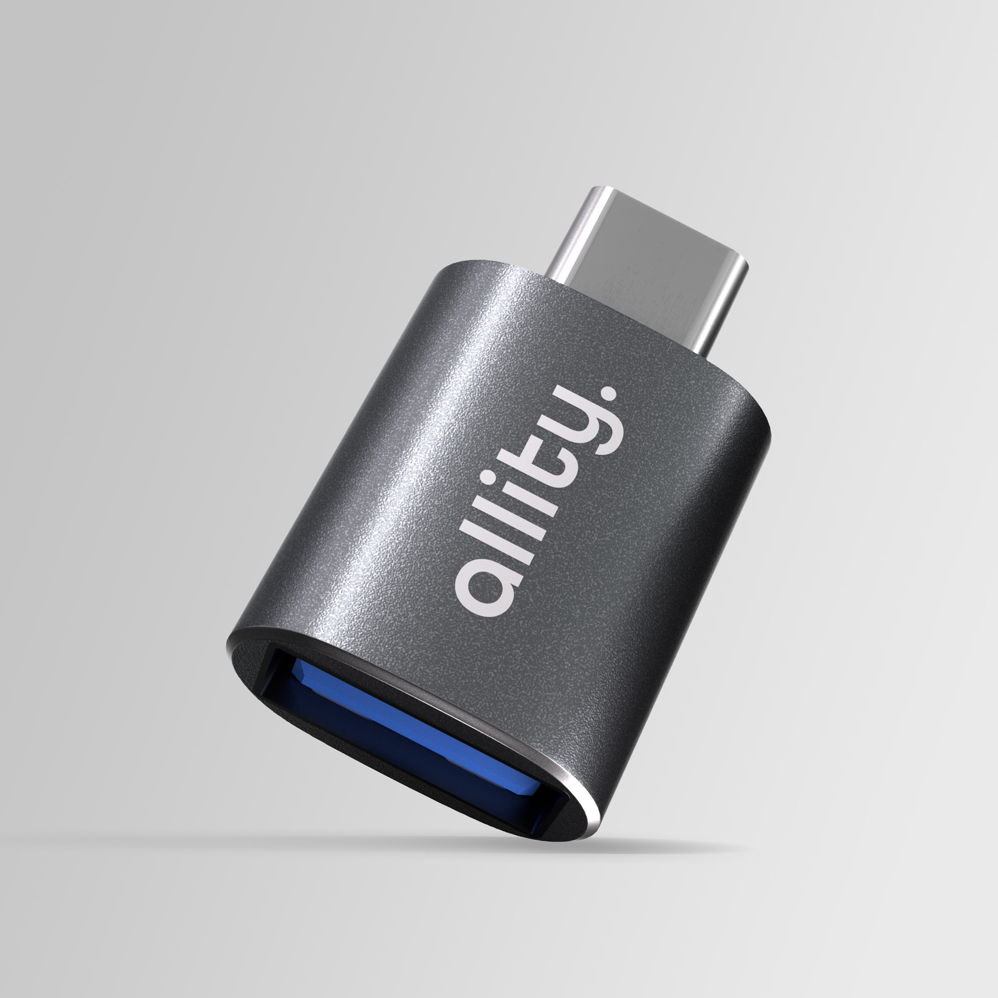 Szary adapter USB-C z niebieskim portem i logo 'allity.'