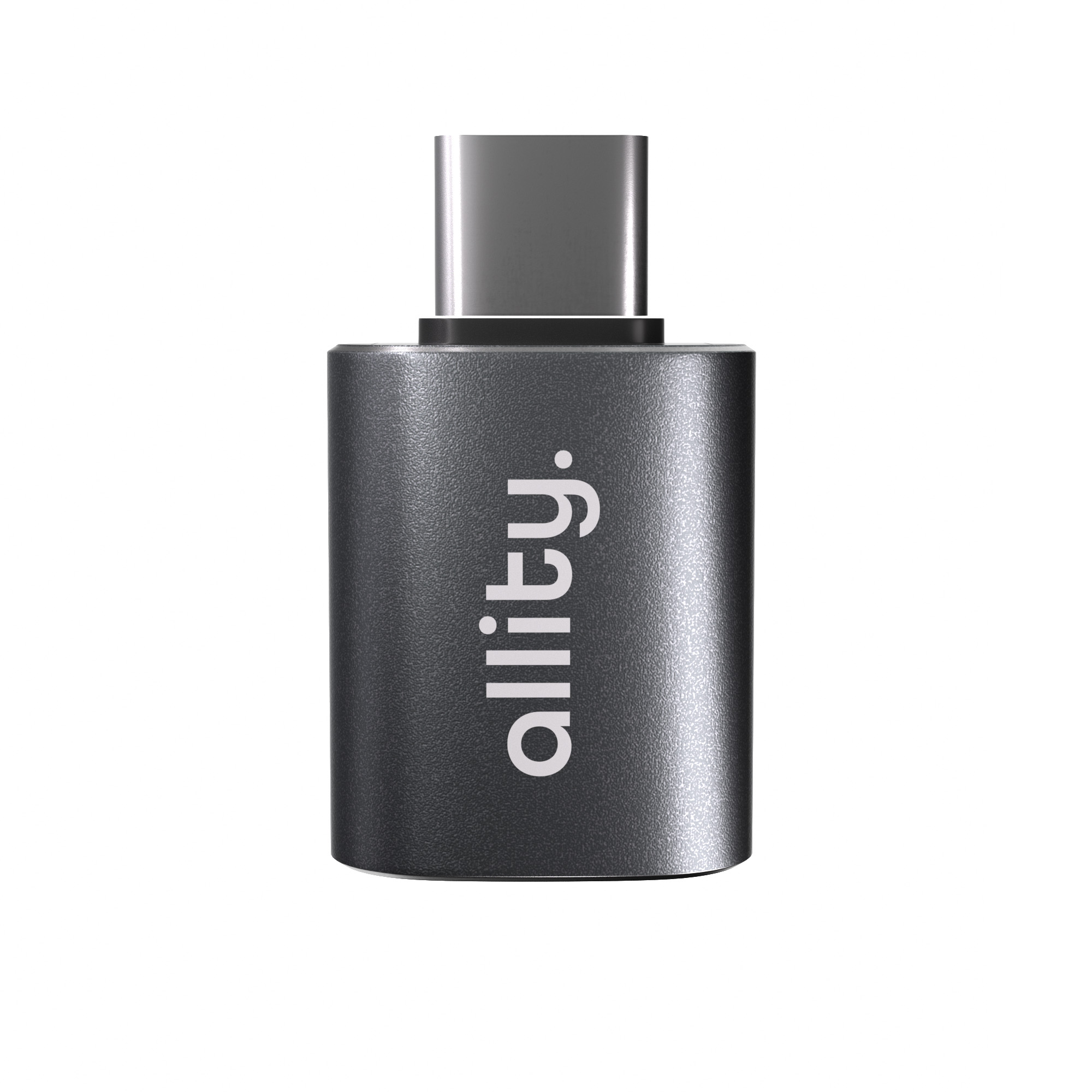 Szary adapter USB-C ze srebrną wtyczką i białym logo.