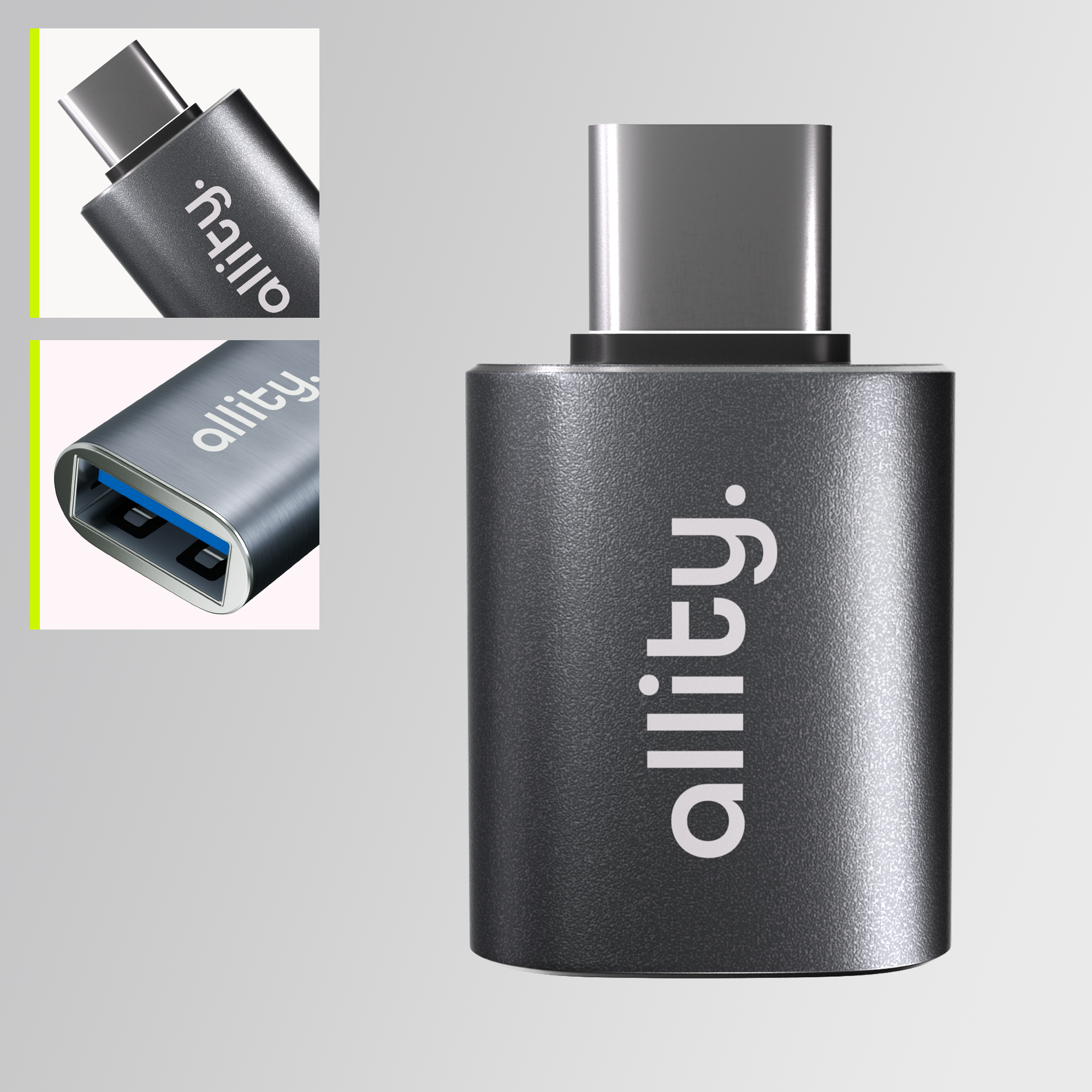 Szary adapter USB-C na USB-A z logo 'allity.'