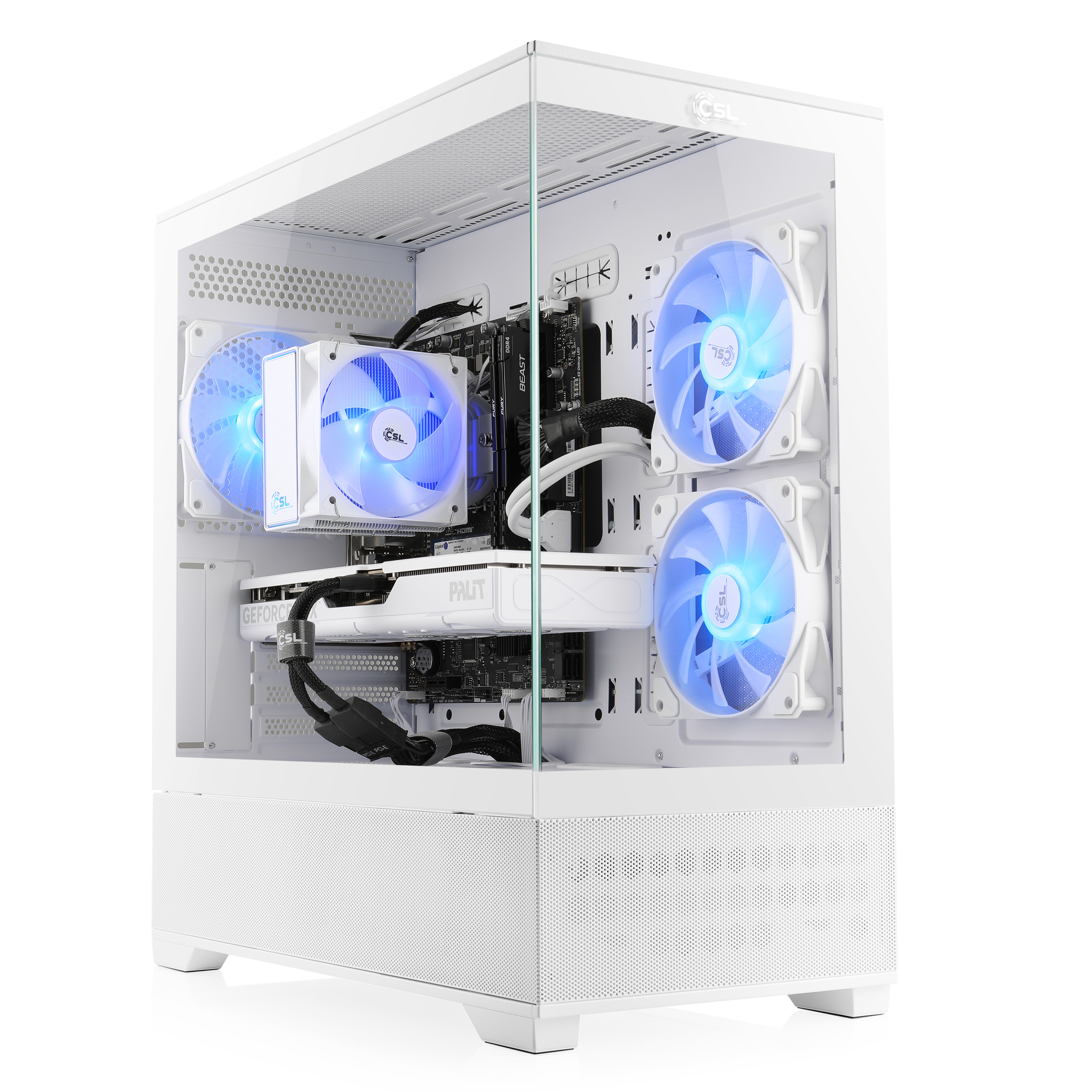 Ein weißes PC-Gehäuse mit blau beleuchteten Lüftern und Komponenten.