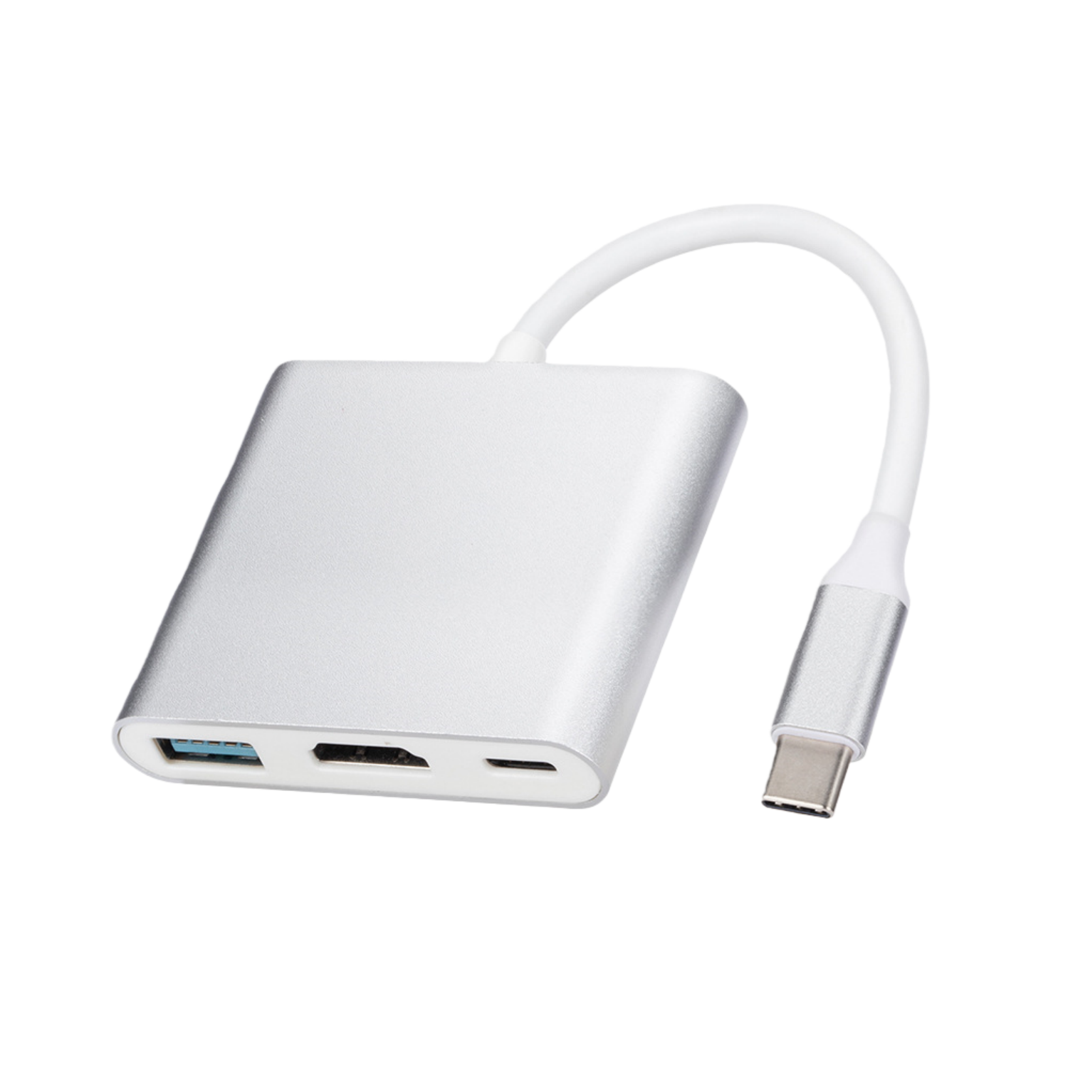 Ein silberner USB-C-Hub mit HDMI-, USB-A- und USB-C-Anschlüssen.
