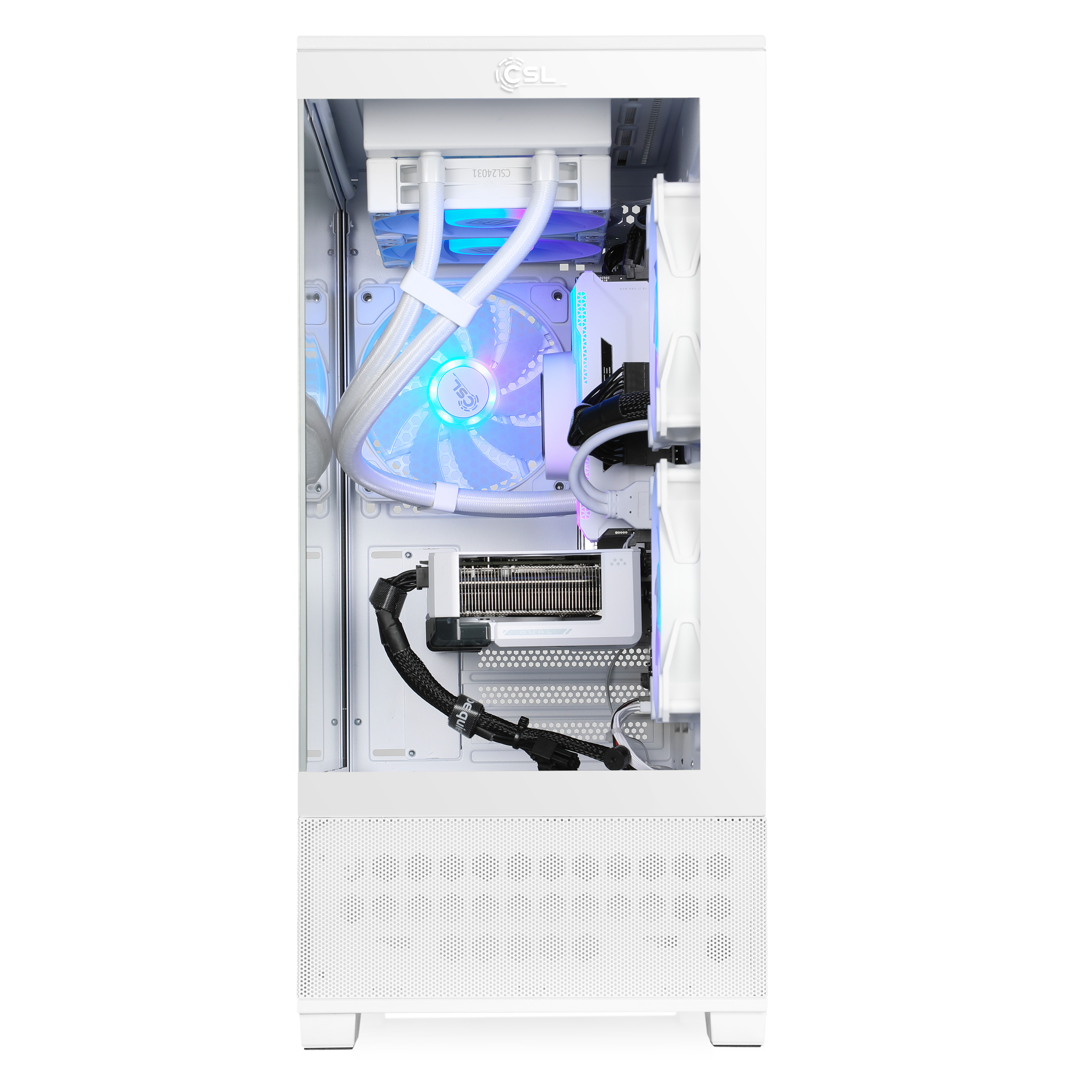 Ein weißer PC-Gehäuse-Innenraum mit RGB-Lüftern, Wasserkühlung und Kabeln.