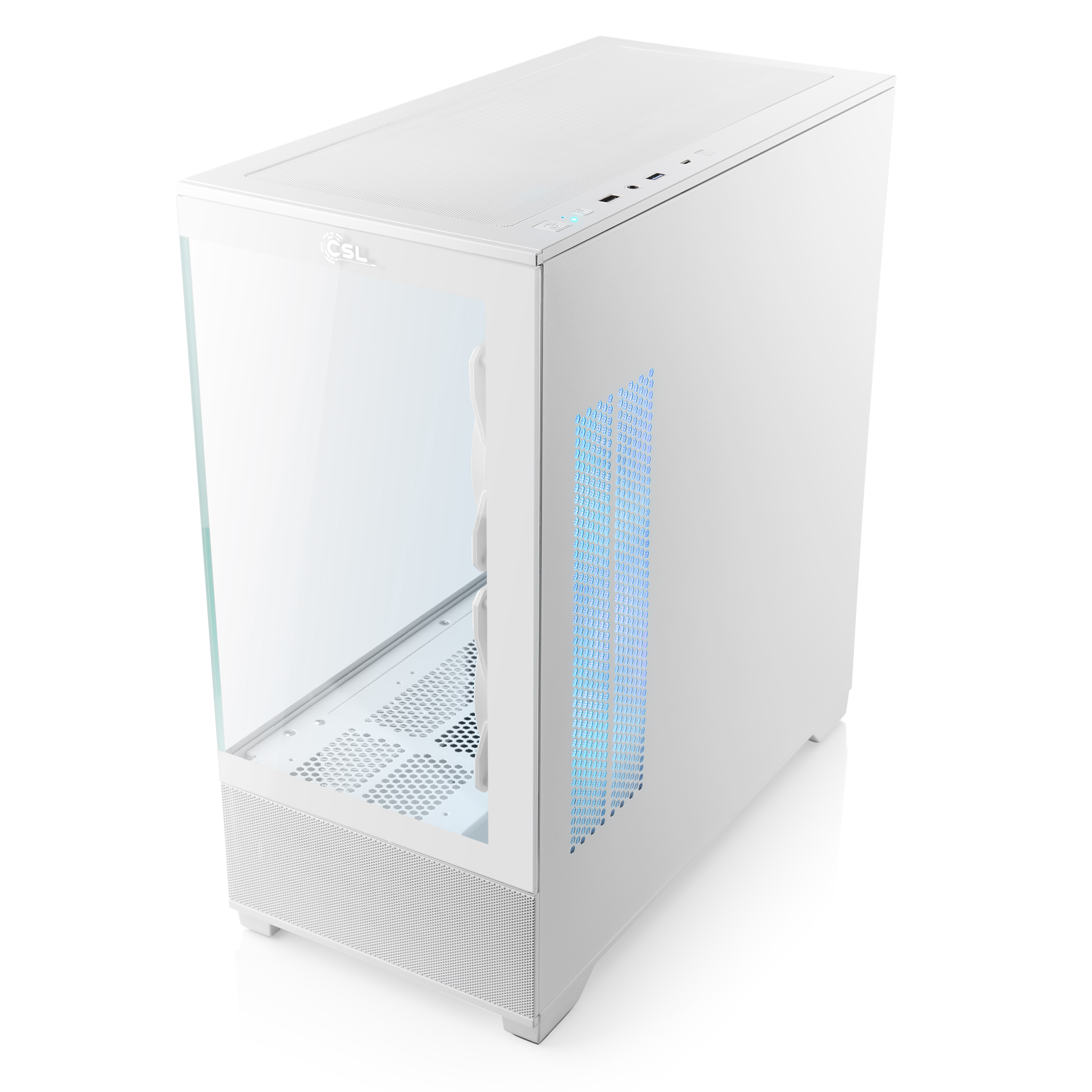 Ein weißes Computergehäuse mit Glasfront und blauen LEDs.