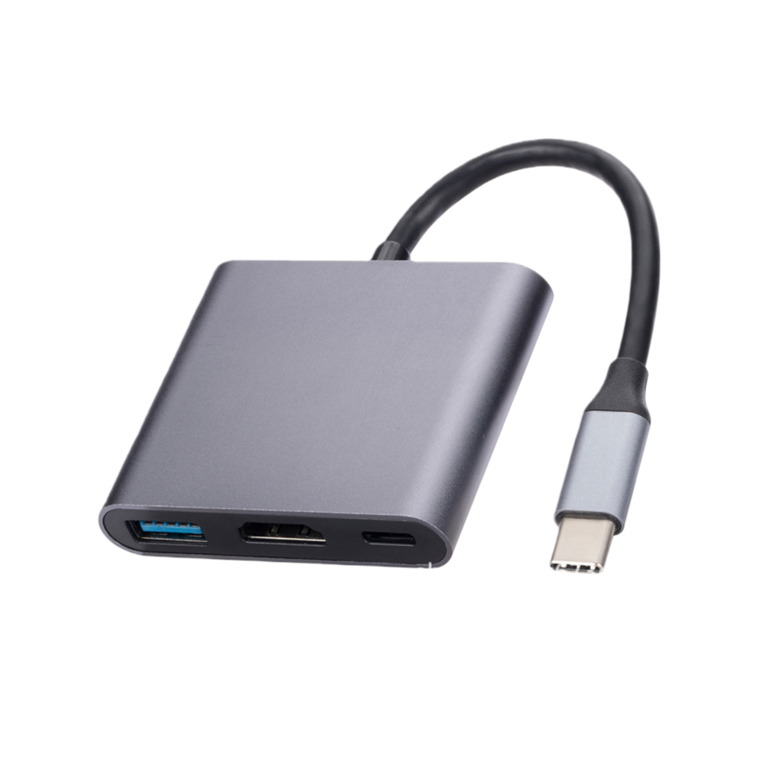 Grauer USB-C-Hub mit USB-A-, HDMI- und USB-C-Anschlüssen.