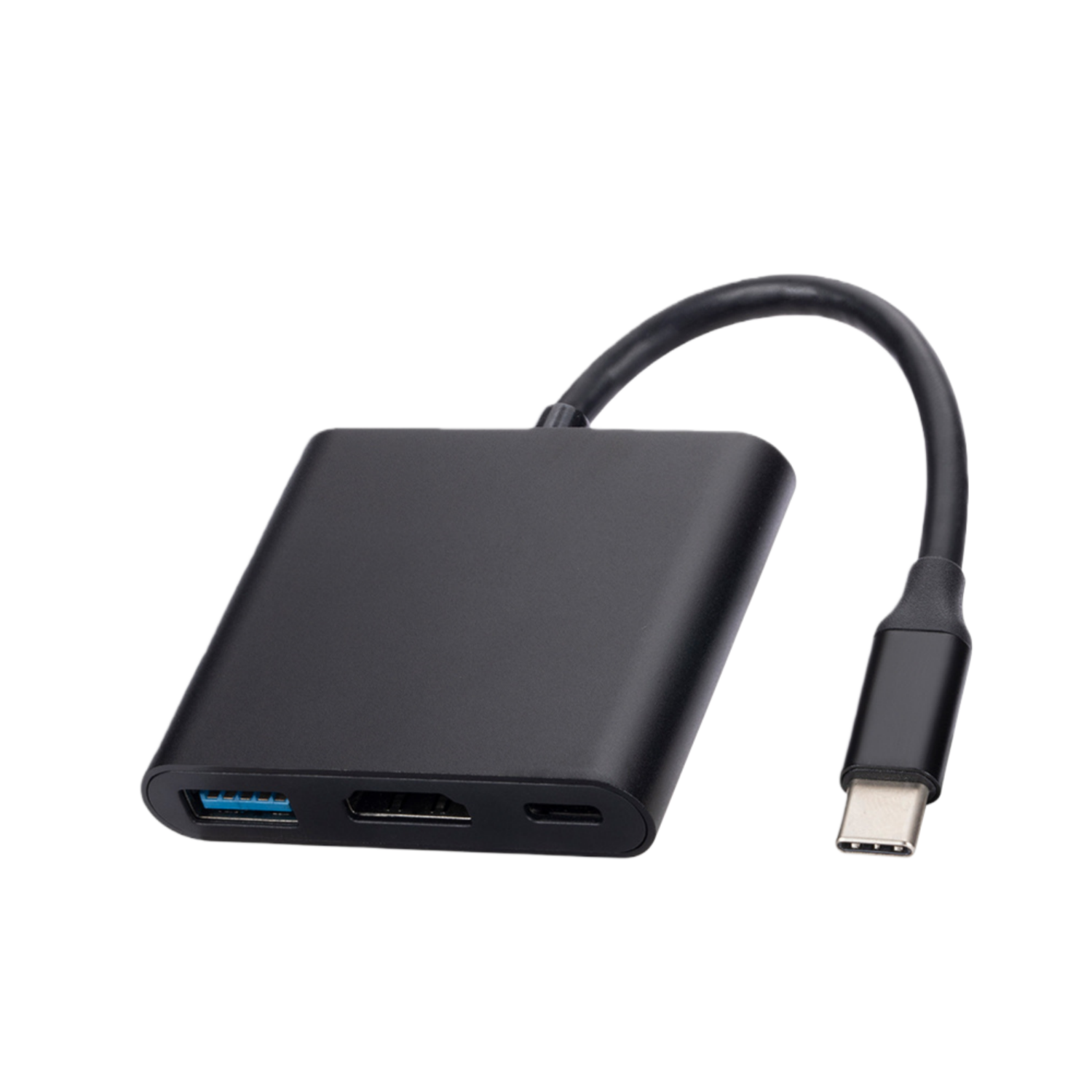 Schwarzer USB-C-Hub mit HDMI-, USB-A- und USB-C-Anschlüssen.