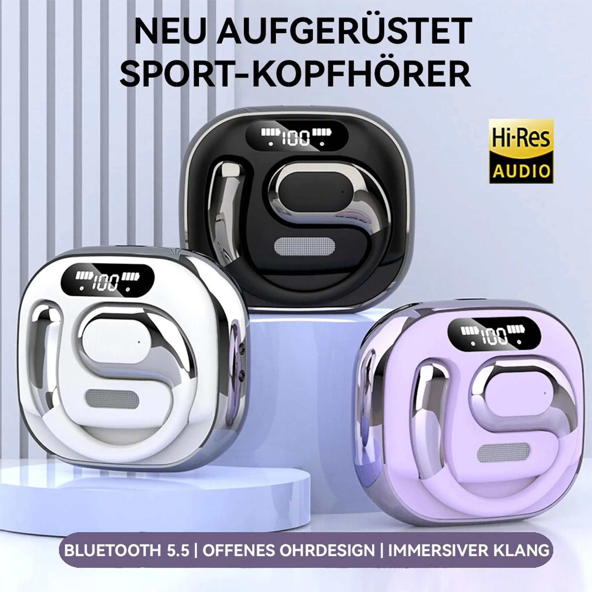 Drei Sport-Kopfhörer in Schwarz, Weiß und Lila mit Ladeanzeige.