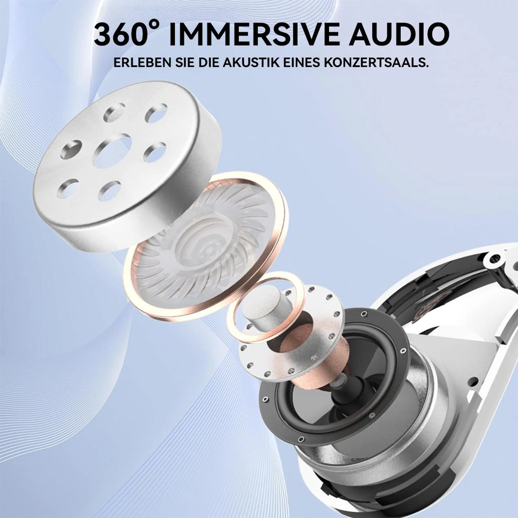 Explodierte Ansicht eines Kopfhörers, der 360-Grad-Audio anzeigt.