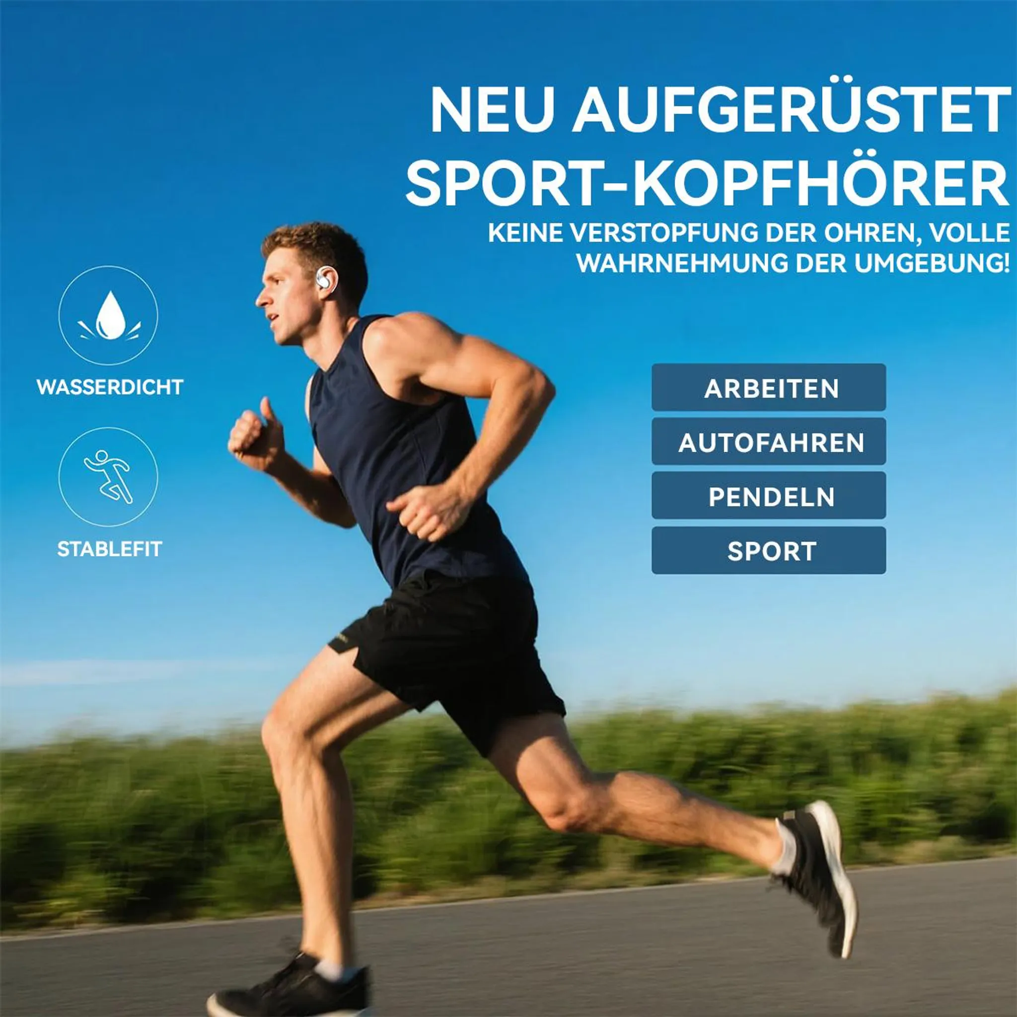 Läufer mit Kopfhörern im Freien, Text über Wasserdichtigkeit und Stabilität.