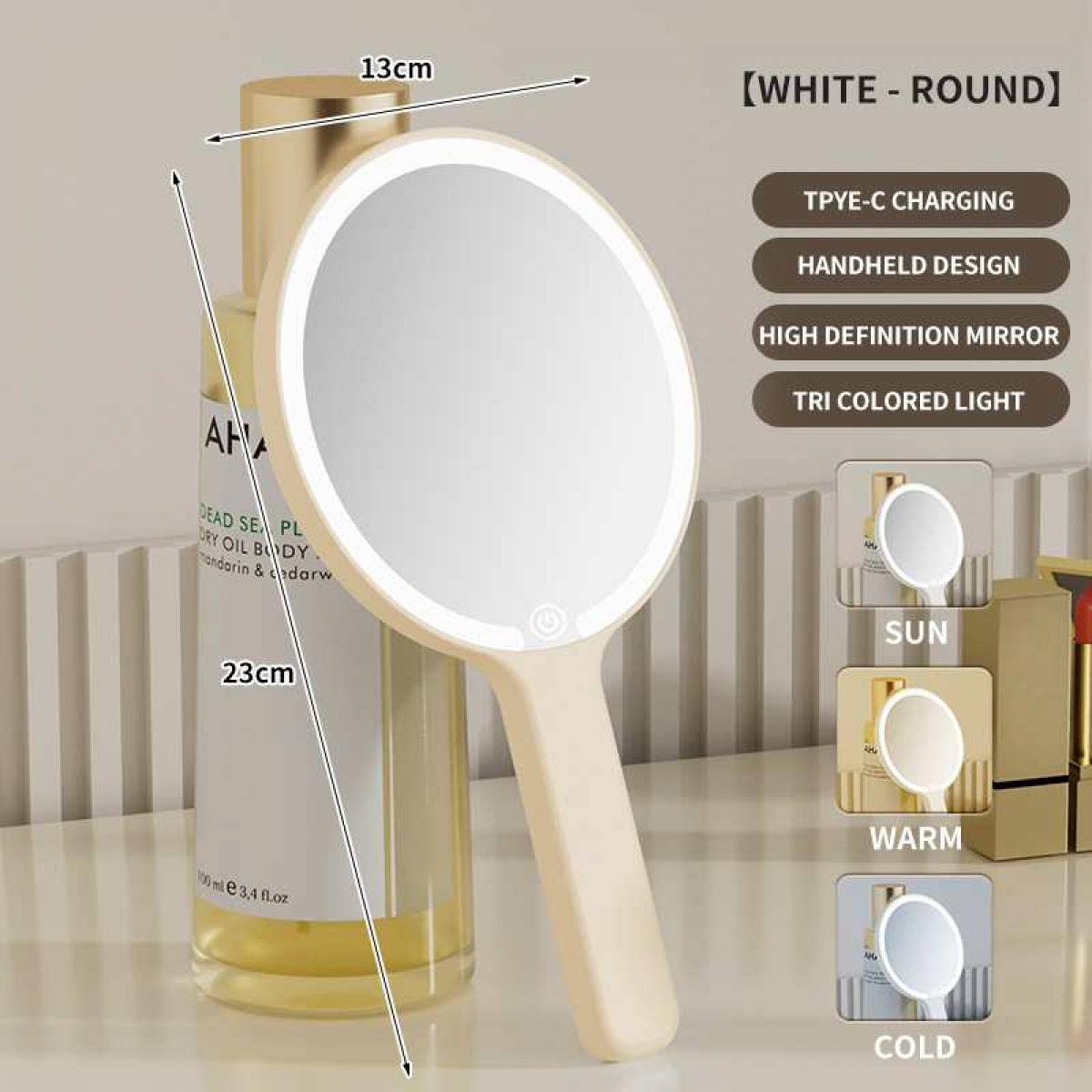 Ein beleuchteter Handspiegel mit Griff, daneben eine Flasche Kosmetik.