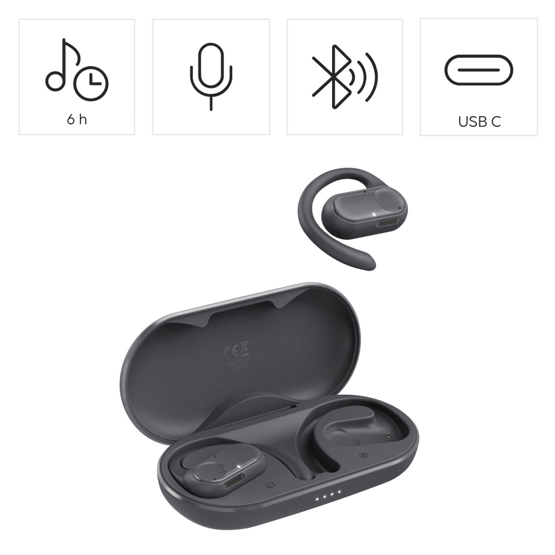 Szare słuchawki bezprzewodowe z etui ładującym, ikony muzyki, mikrofonu, Bluetooth i USB-C.
