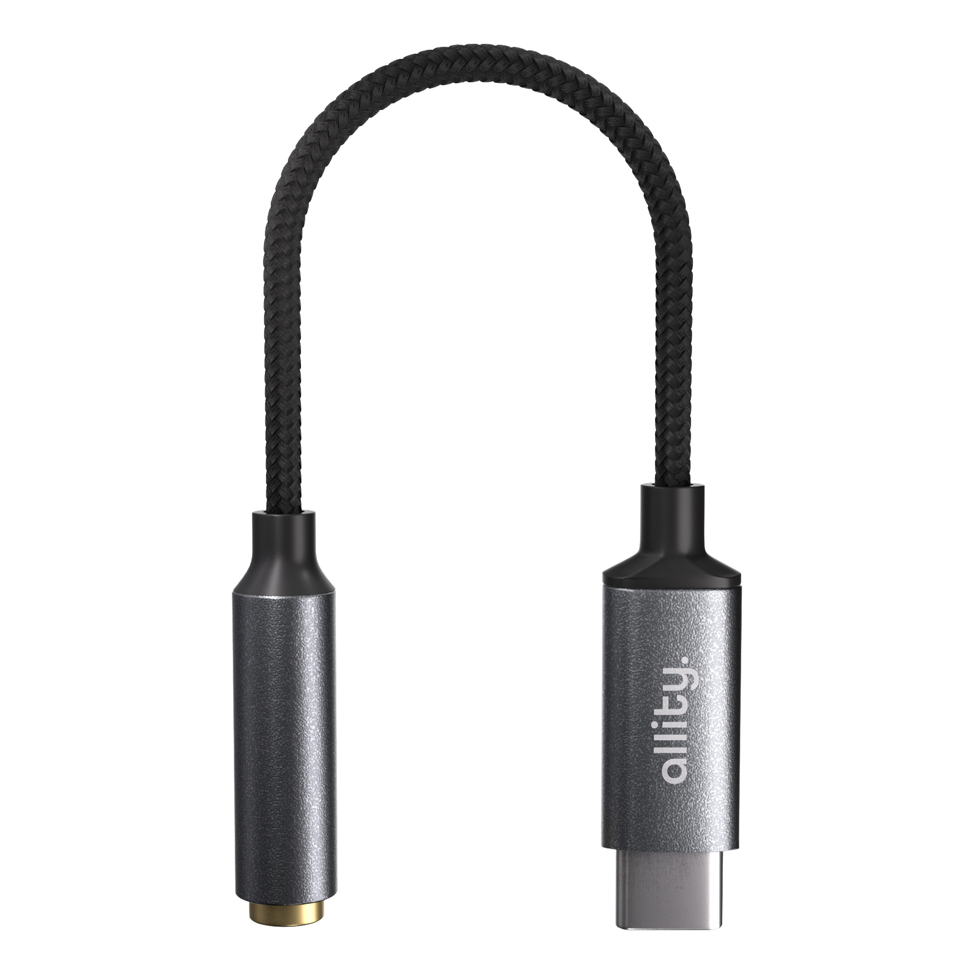 Szary adapter USB-C z czarnym plecionym kablem i gniazdem 3,5 mm.