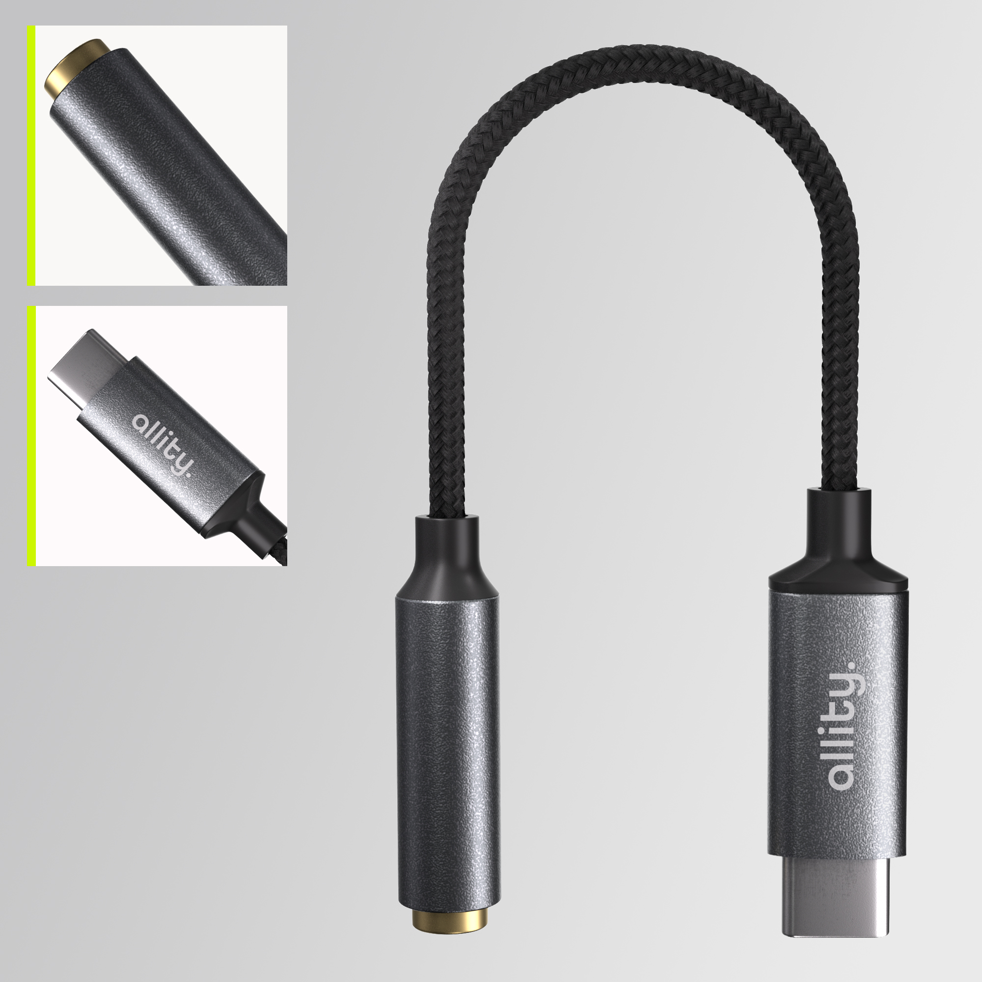 Szary kabel adaptera USB-C na 3,5 mm z plecionym przewodem.