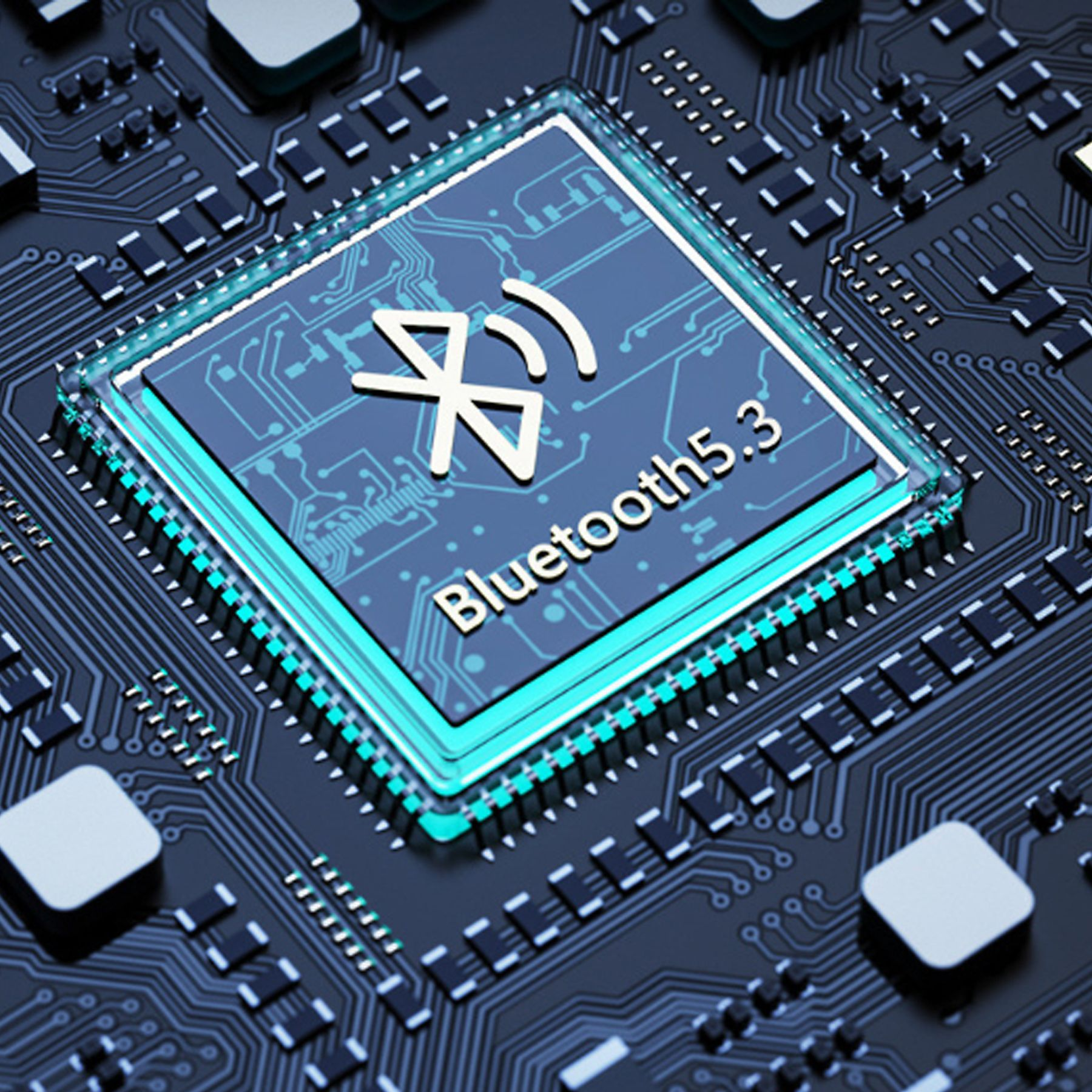 Nahaufnahme eines Bluetooth 5.3 Chips auf einer Leiterplatte mit leuchtenden Linien.